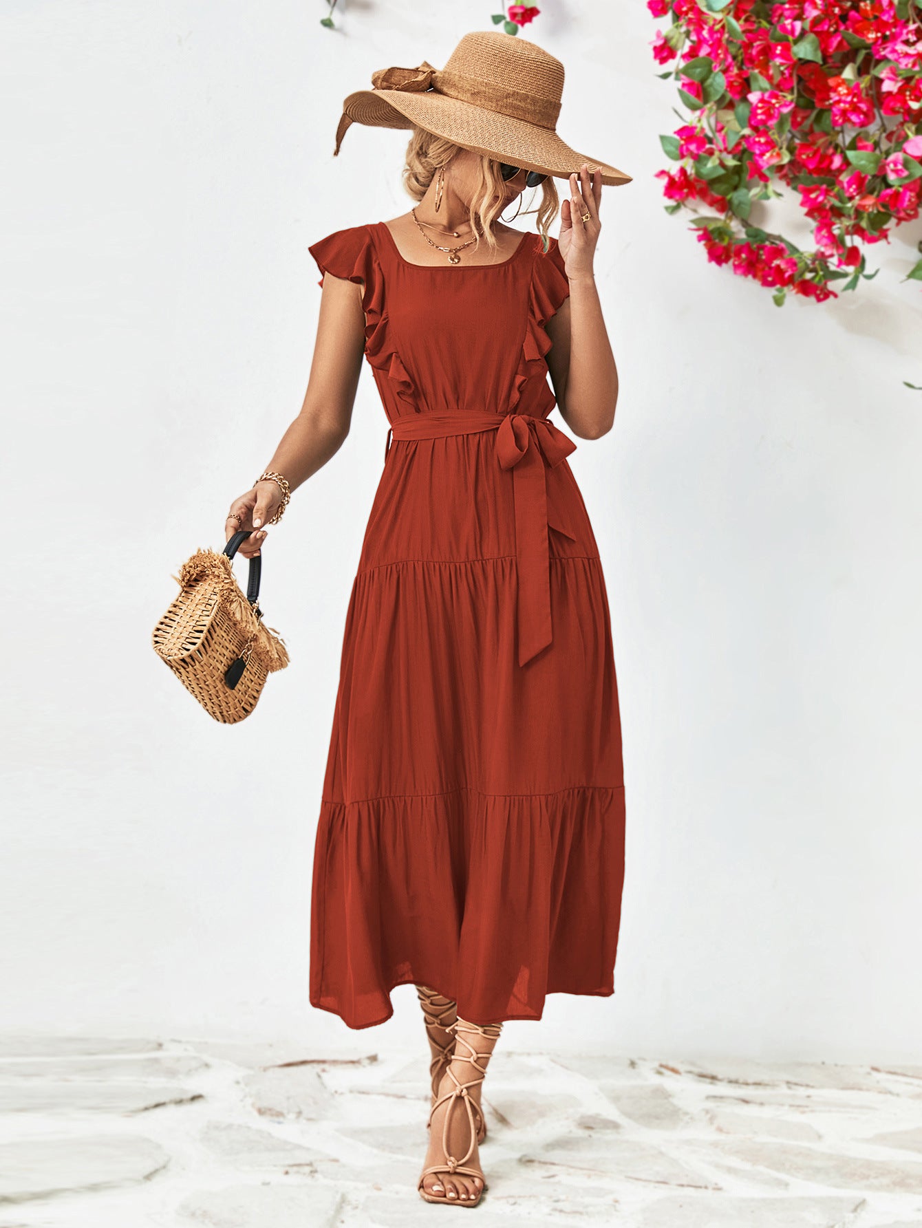 Honeybee Mumford's Tie Belt Ruffled Tiered Dress