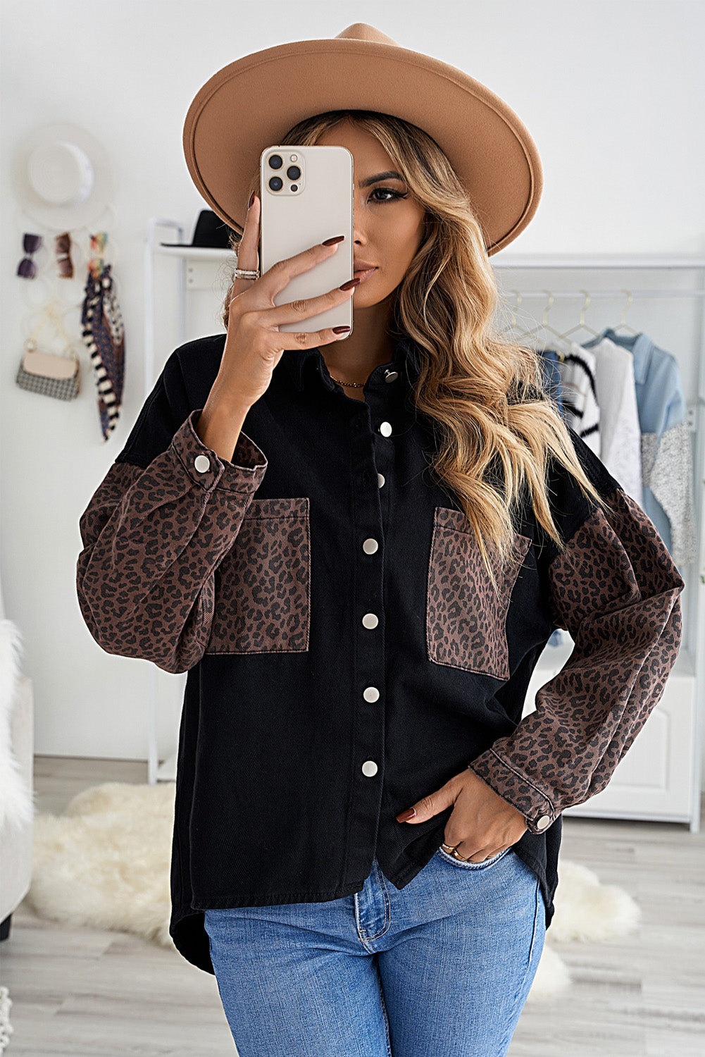 Honeybee Mumford's Black Contrast Leopard Denim Jacket