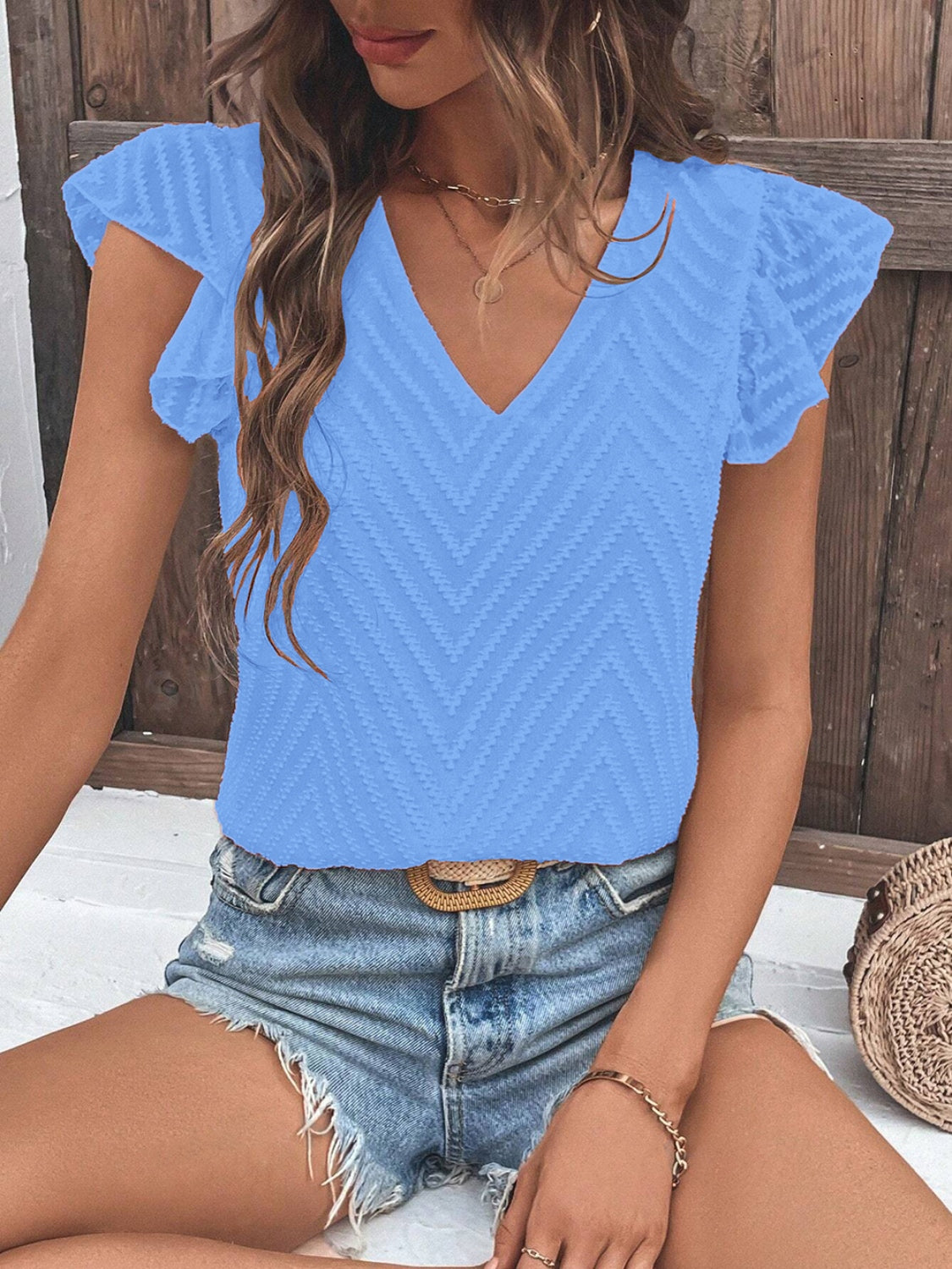 Honeybee Mumford's Textured V-Neck Cap Sleeve Blouse