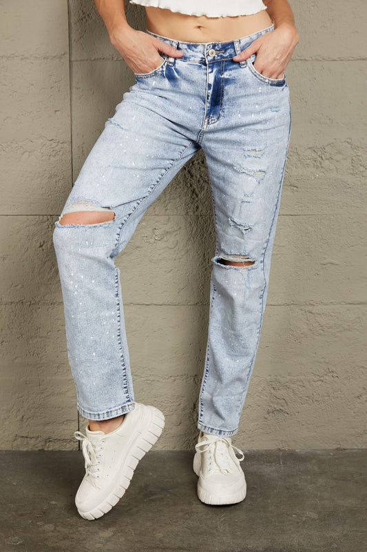 Honeybee Mumford's Splatter Distressed Acid light blue Wash Jeans with Pockets