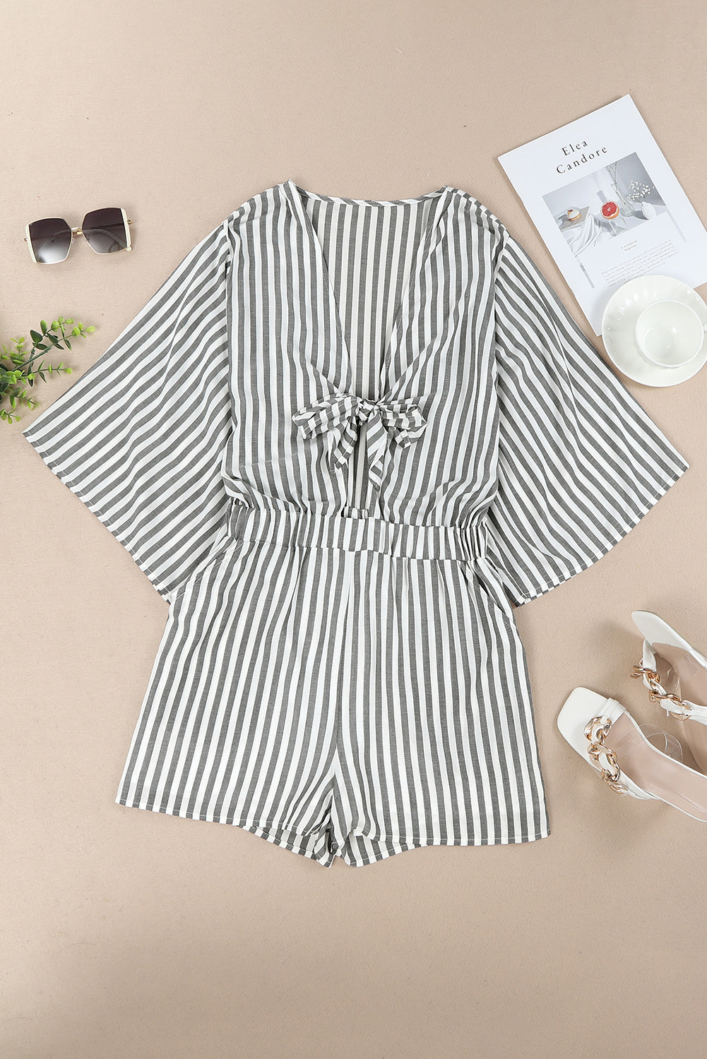 Honeybee Mumford's Gray 3/4 Wide Kimono Sleeves Tie Front Striped Romper with Pockets