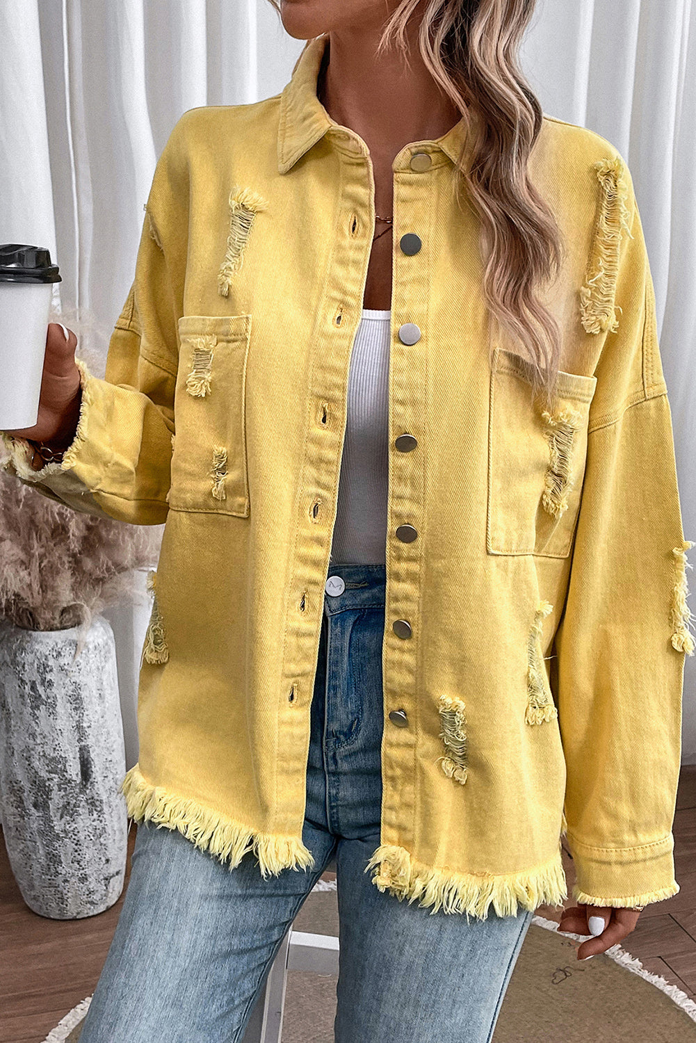 Honeybee Mumford's Distressed Button Up Raw Hem Denim Jacket