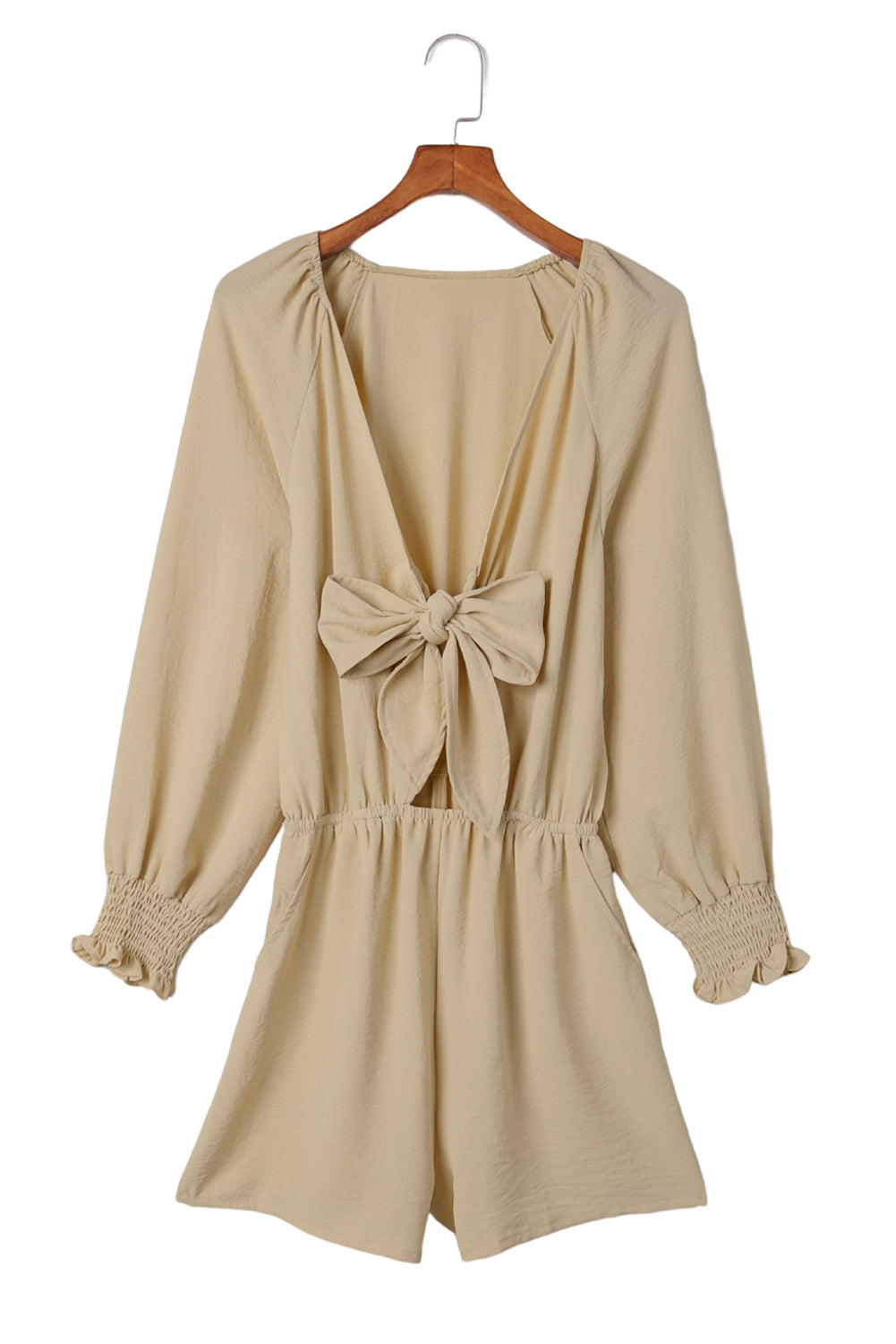 Honeybee Mumford's Beige Tie Knot Puff Long Sleeve Romper