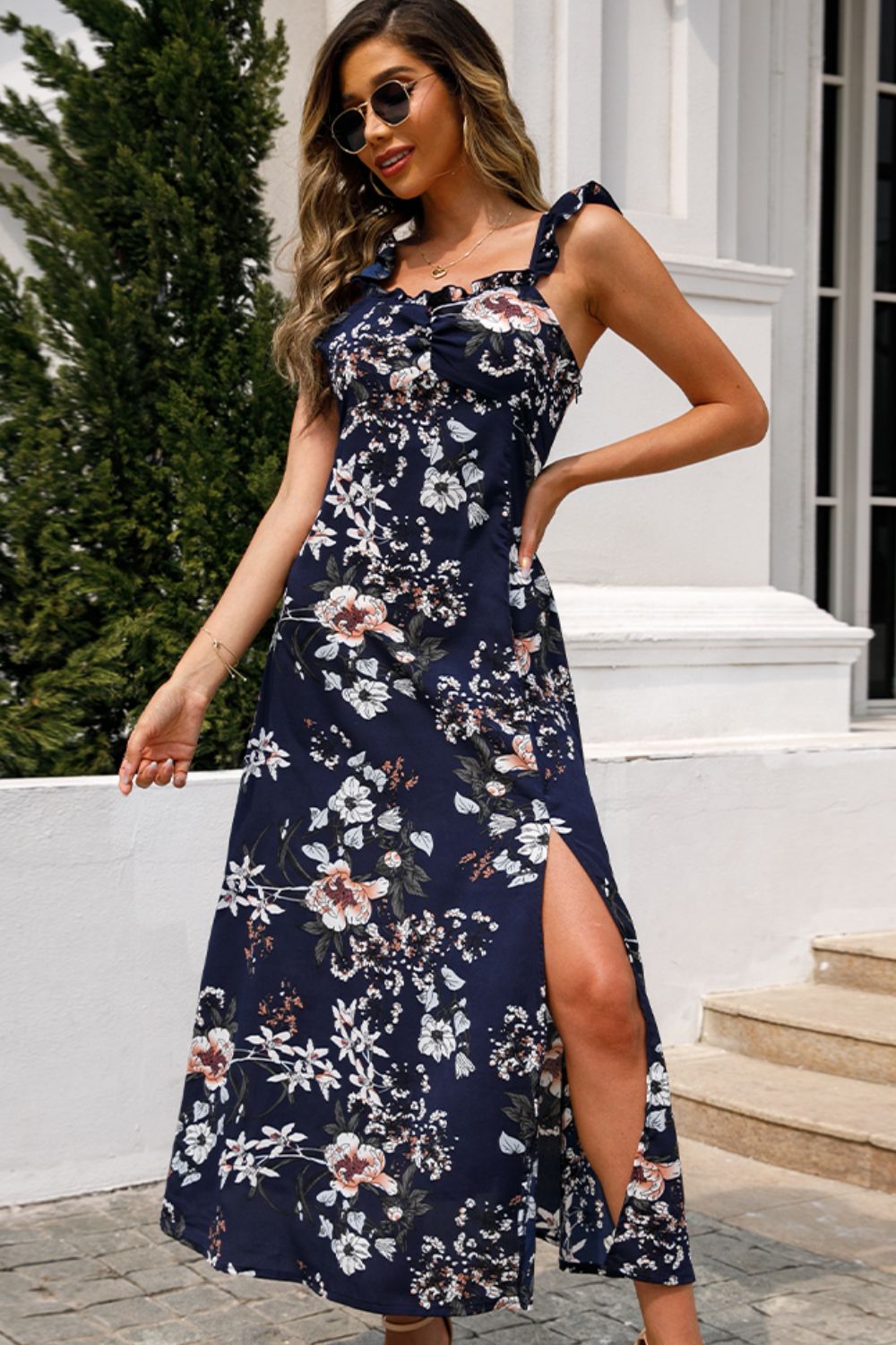 Honeybee Mumford's Floral Print Sleeveless Square Neck Slit Midi Dress