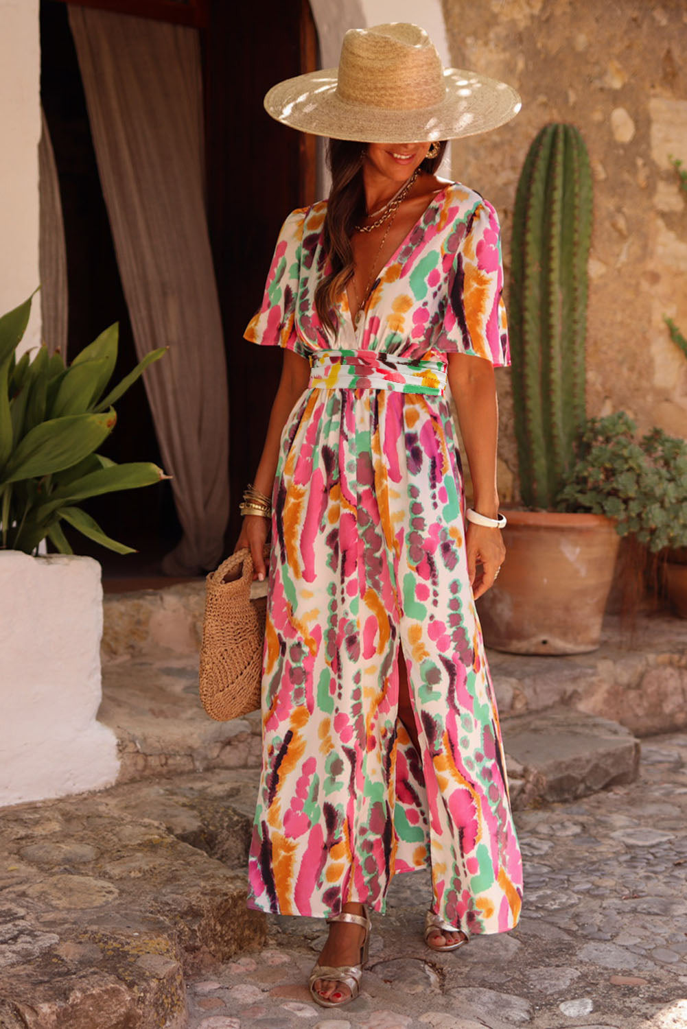 Honeybee Mumford's Pink Boho Tie-dye Print V Neck Maxi Dress