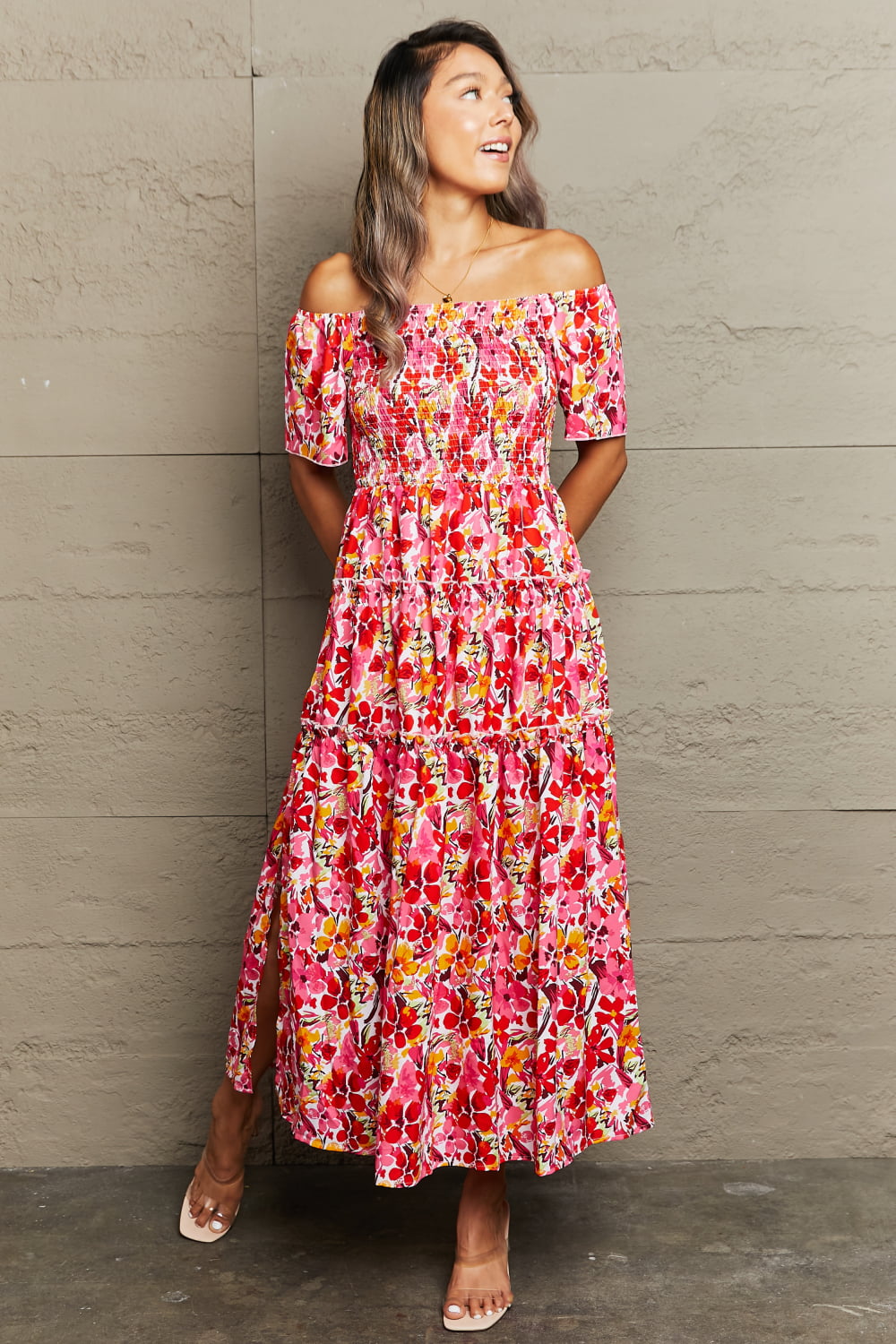 Honeybee Mumford's Floral Off-Shoulder Frill Trim Maxi Dress