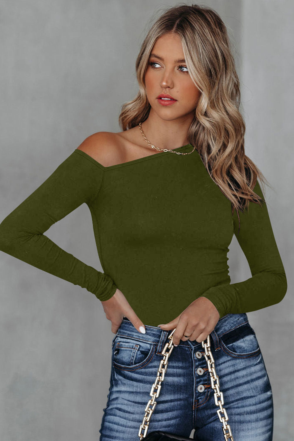 Honeybee Mumford's Black or Army Green Asymmetrical Neck Long Sleeve Top