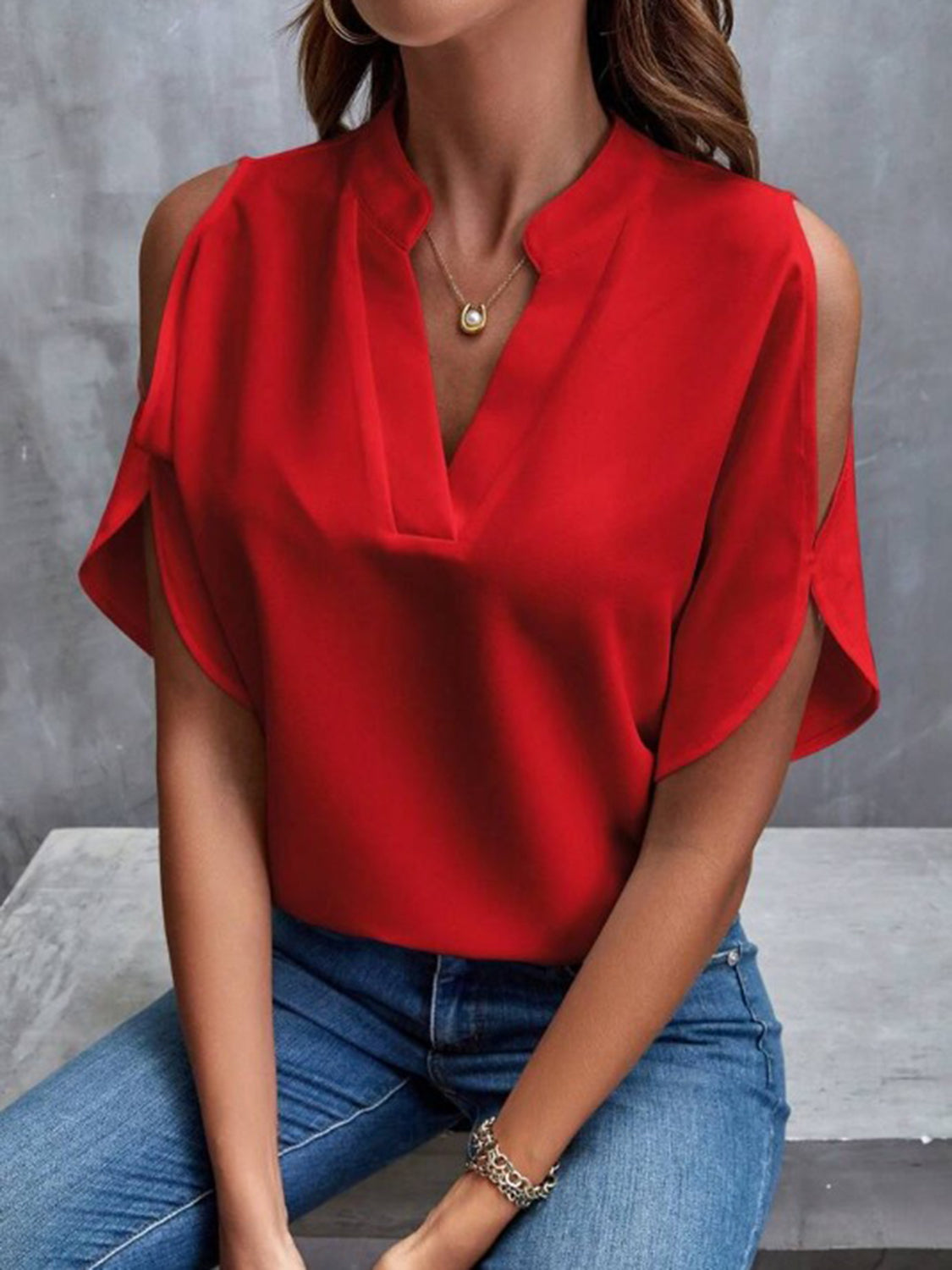 Honeybee Mumford's Notched Cold Shoulder Half Sleeve Blouse