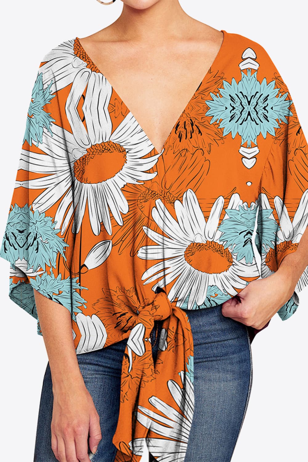 Honeybee Mumford's Printed Deep V Tie Hem Blouse