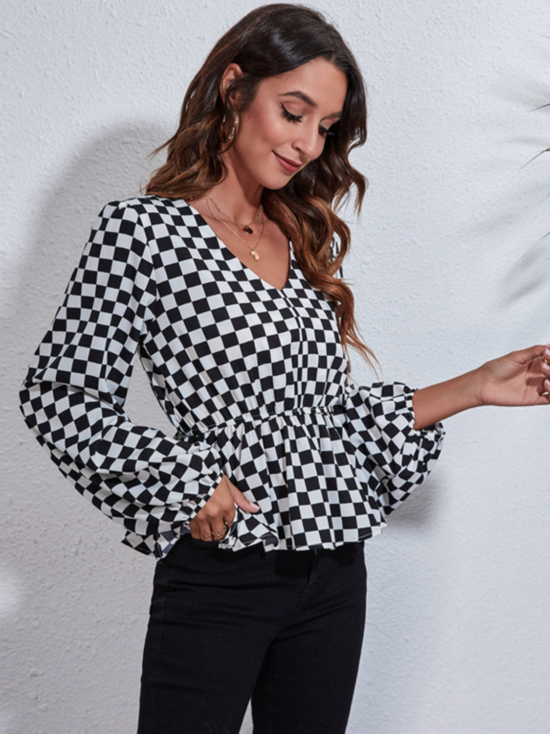 Honeybee Mumford's Checkered V-Neck Balloon Sleeve Peplum Blouse