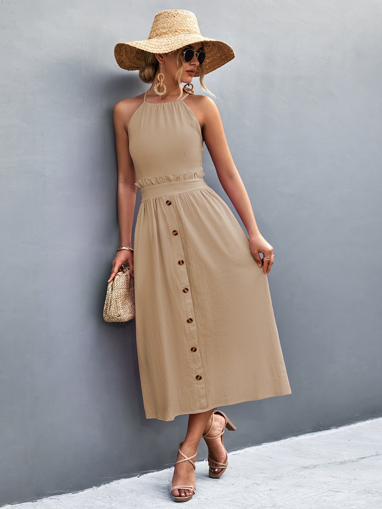 Honeybee Mumford's Buttoned Halter Neck Frill Trim Midi Dress