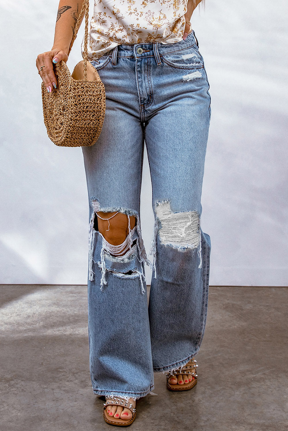 Honeybee Mumford's Sky Blue Destroyed Open Knee Wide Leg Jeans