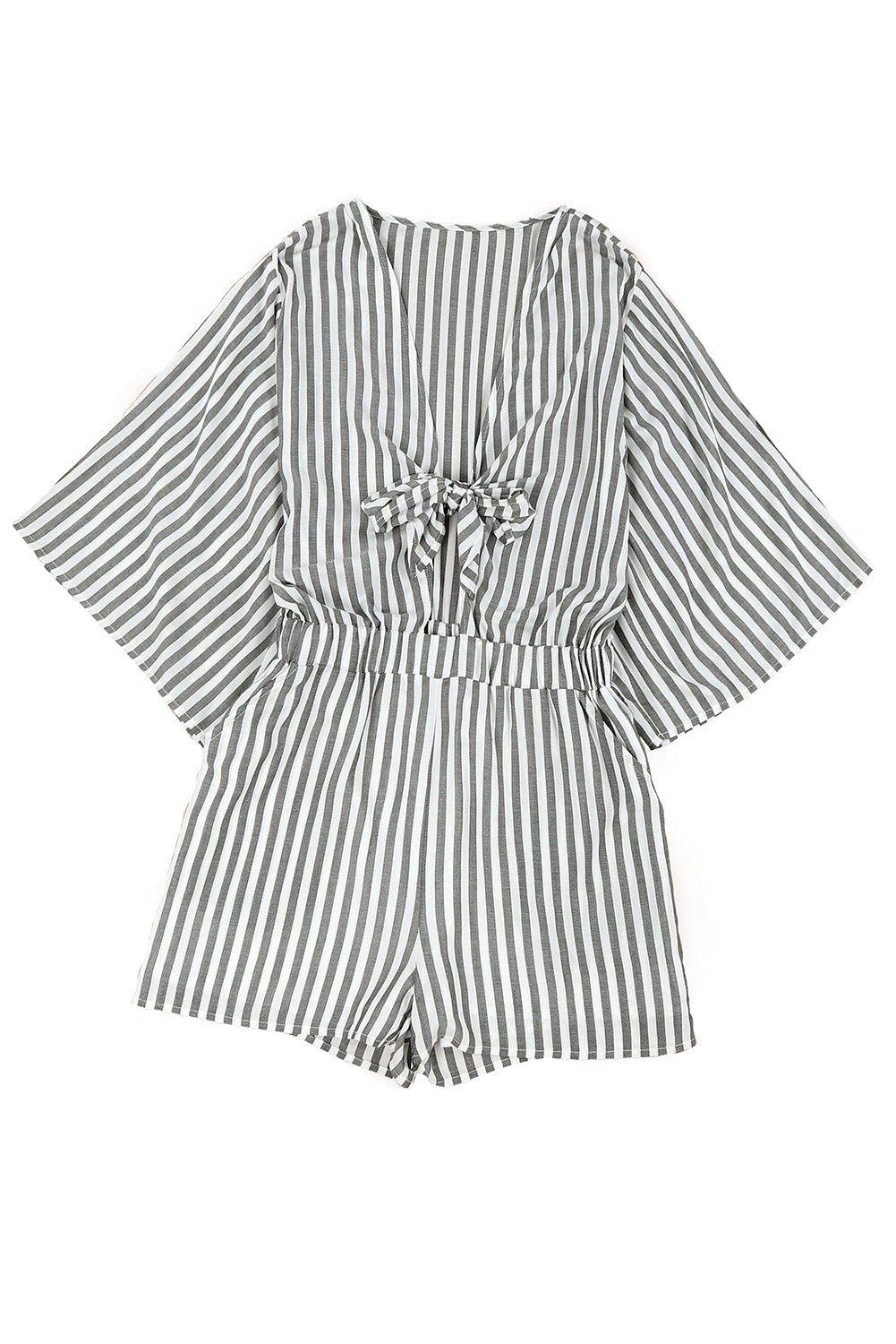 Honeybee Mumford's Gray 3/4 Wide Kimono Sleeves Tie Front Striped Romper with Pockets