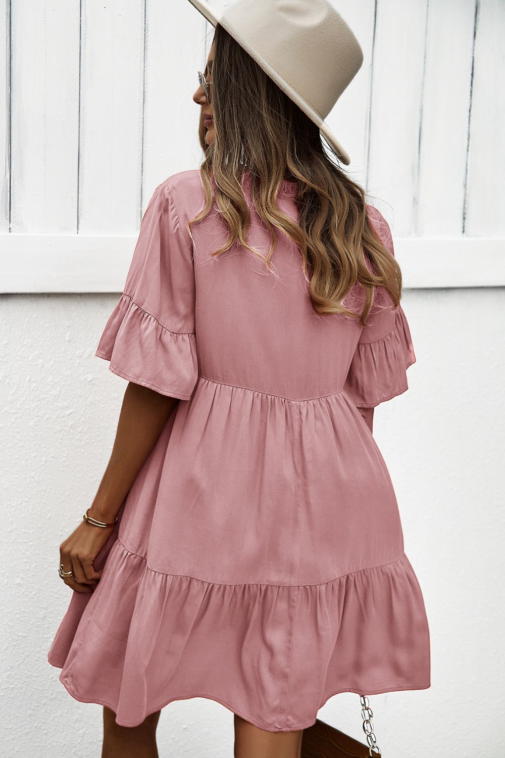 Honeybee Mumford's Buttoned Tie Neck Tiered Dress