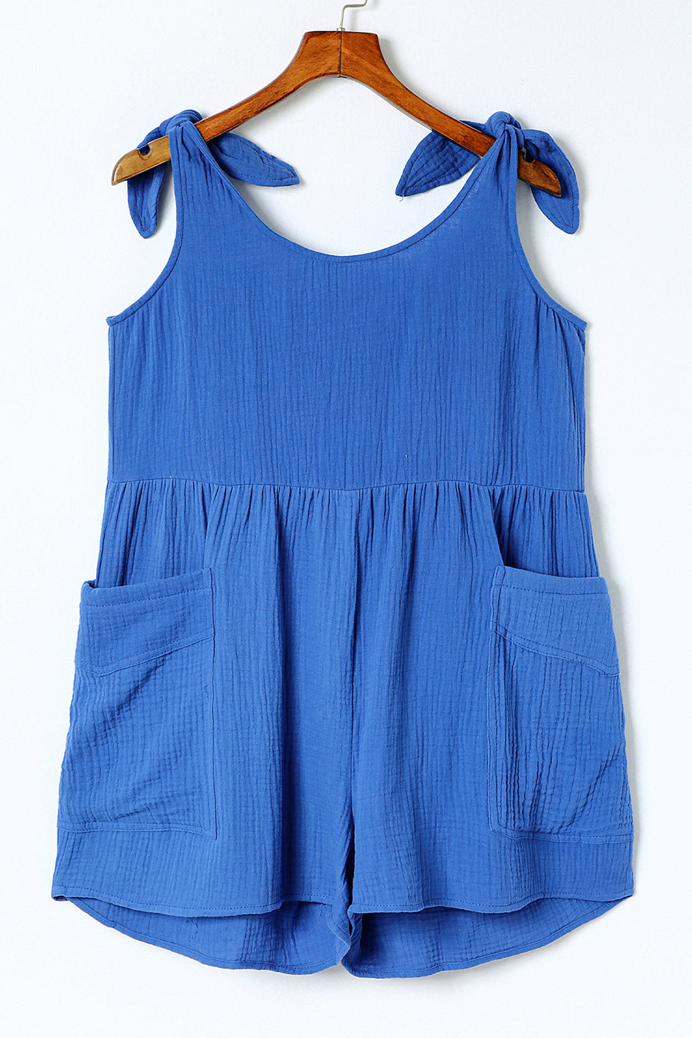 Honeybee Mumford's Blue Textured Knotted Straps High Waist Wide Leg Romper