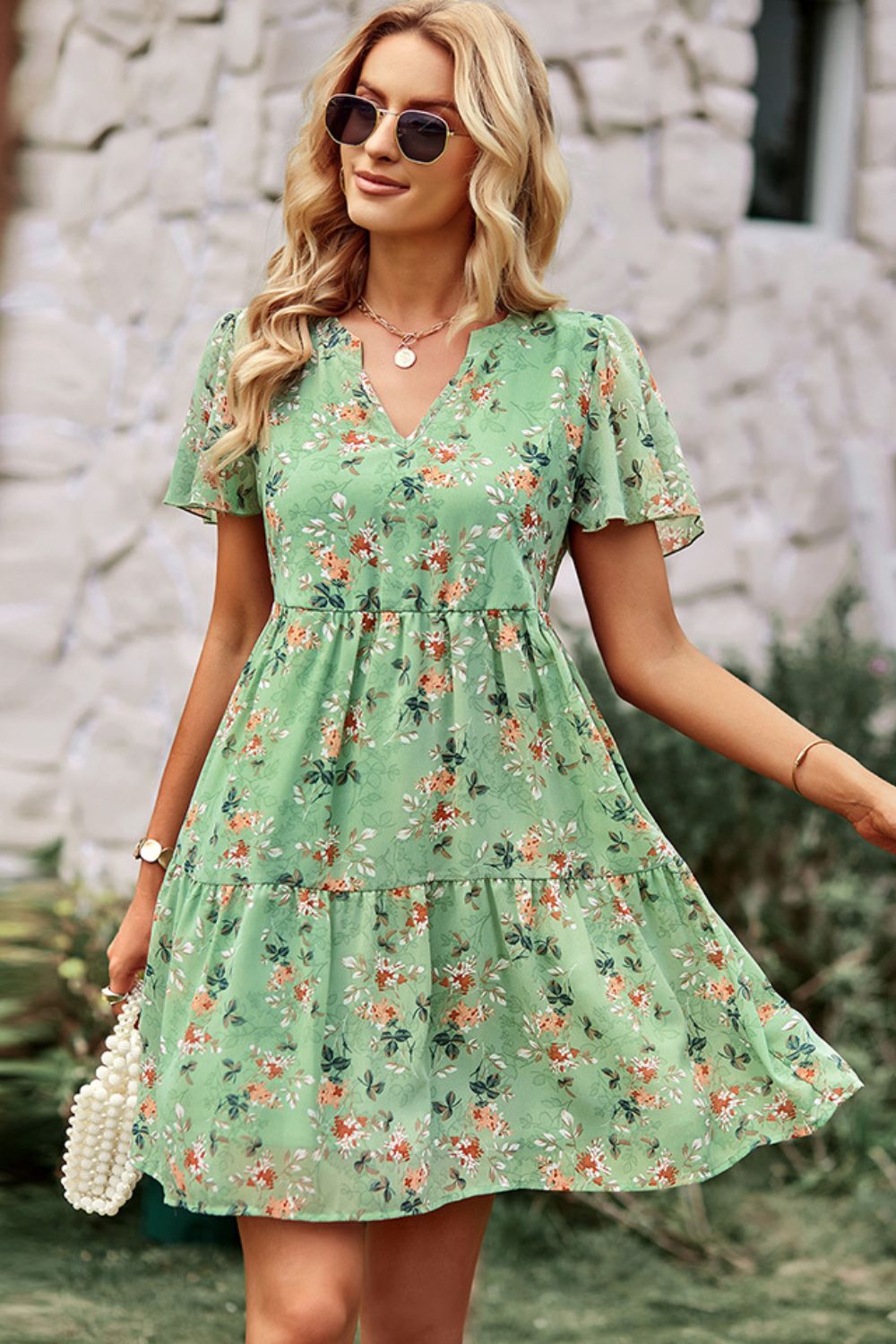 Honeybee Mumford's Floral Notched Flutter Sleeve Mini Dress