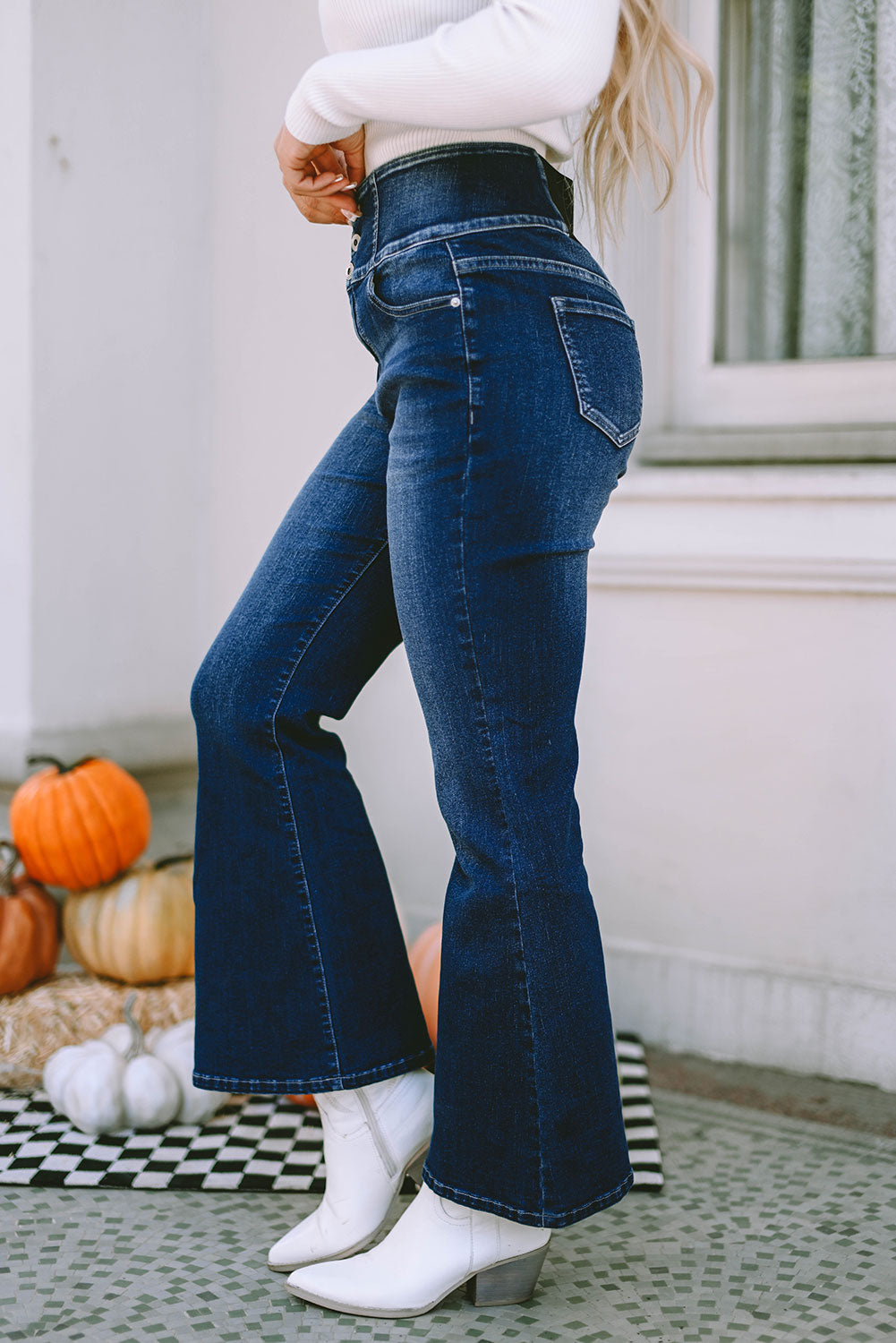 Honeybee Mumford's Blue Buttons Elastic Wide Waistband Back Flare Jeans