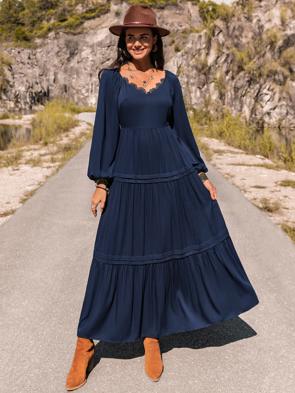 Honeybee Mumford's Long Sleeve Lace Trim Maxi Dress