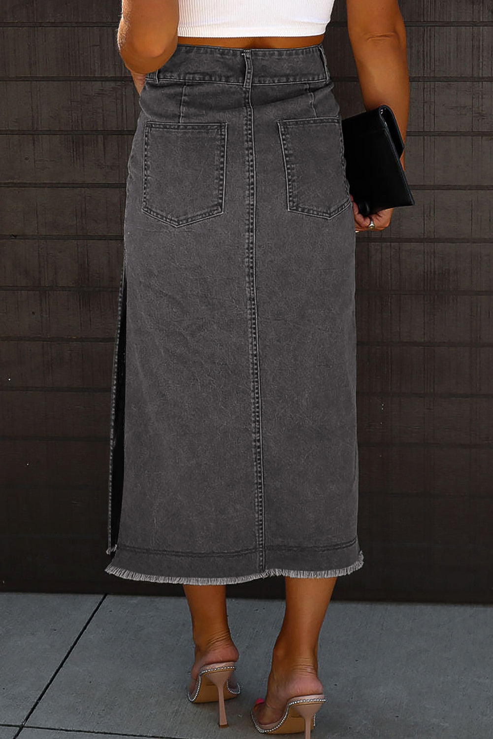 Honeybee Mumford's Black Raw Edge Side Slits Buttoned Midi Denim Skirt