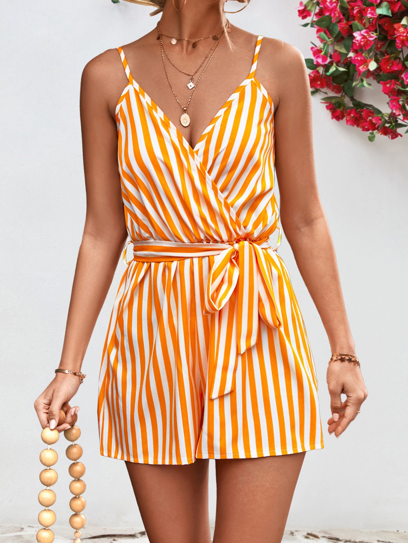 Honeybee Mumford's Striped Tie Waist Spaghetti Strap Romper