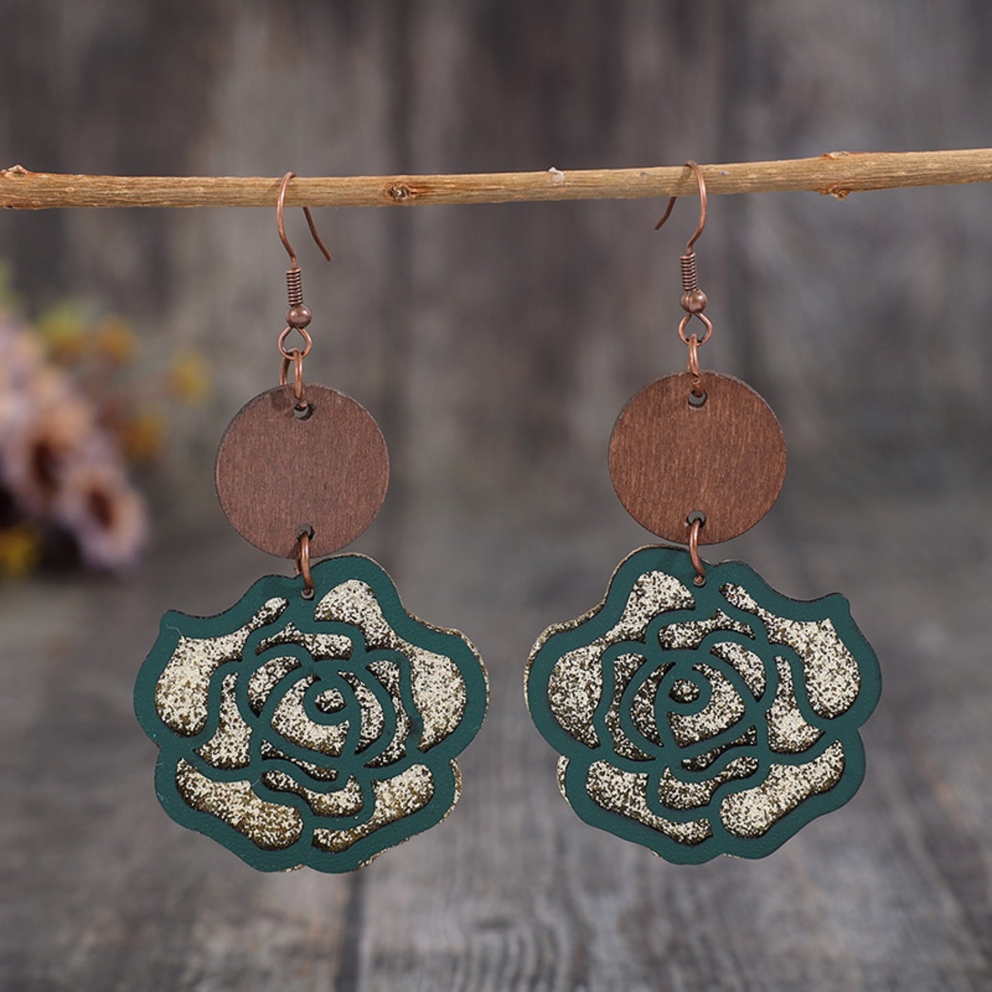 honeybee Mumford's Wooden Alloy Rose Shape Dangle Earrings