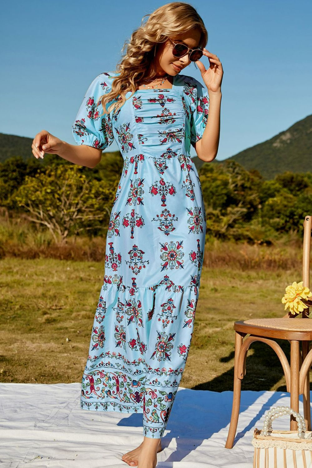 Honeybee Mumford's Casual Floral Ruched Puff Sleeve Tiered Maxi Dress