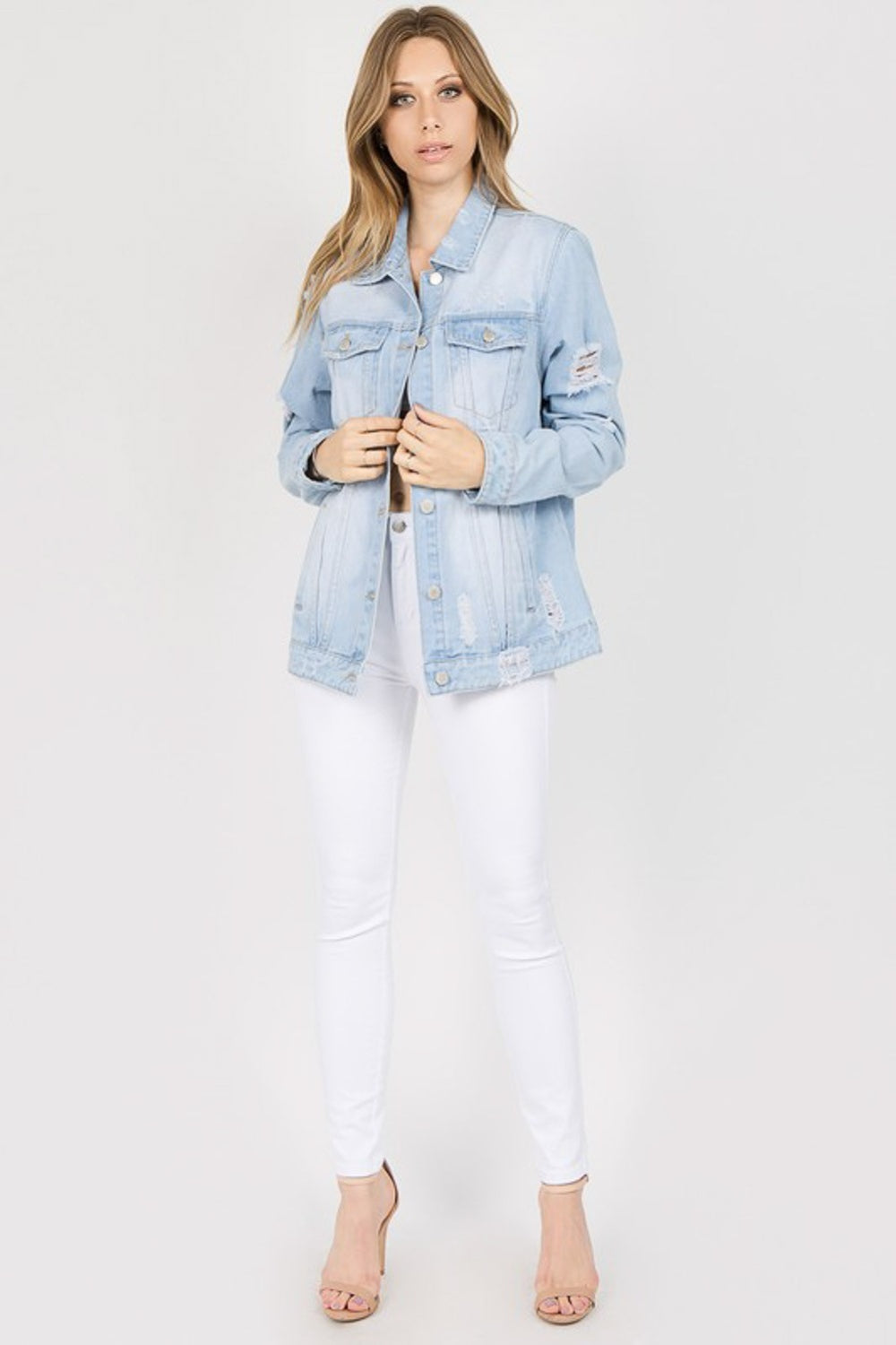 Honeybee Mumford's light blue "Fashion Tour" Patched Distressed Denim Jacket