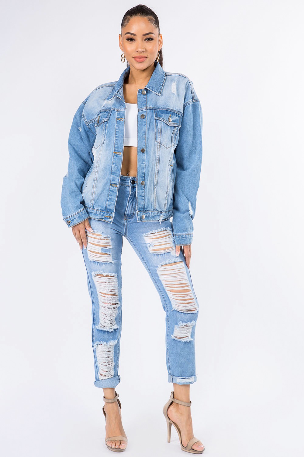 Honeybee Mumford's Graphic Distressed Long Sleeve Denim Jacket