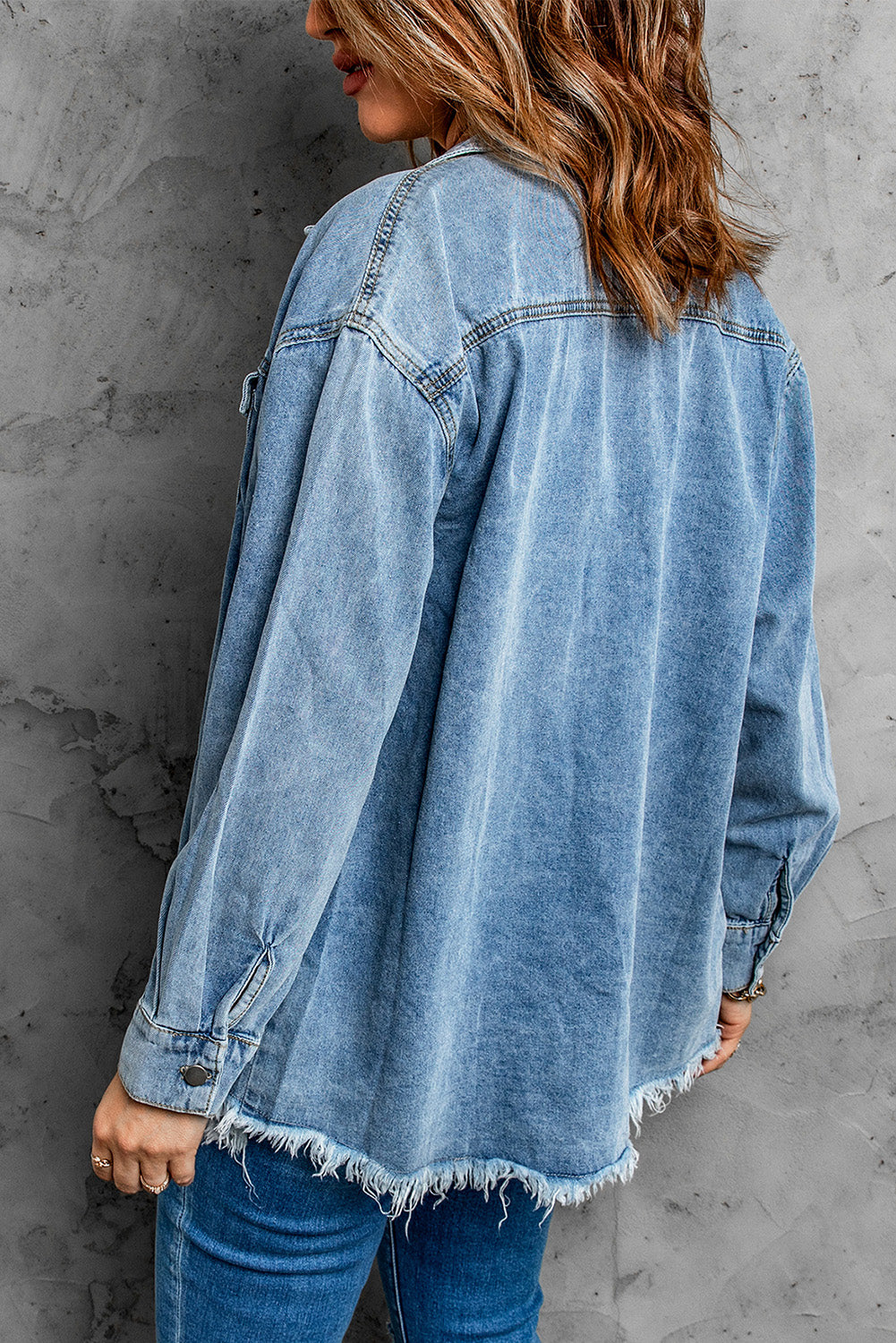 Honeybee Mumford's Button Up Pocketed Raw Hem Denim Jacket