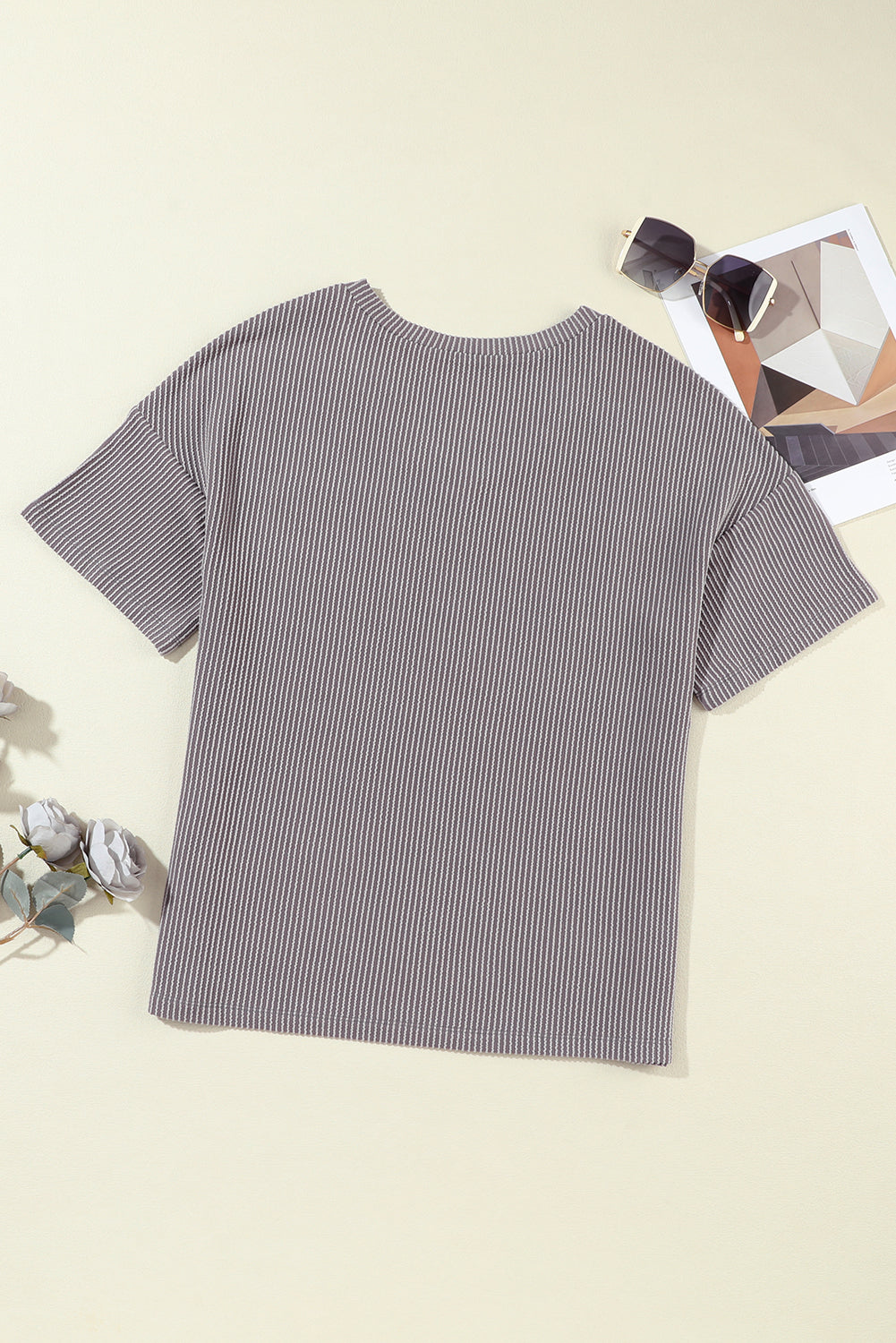 Honeybee Mumford's Light Grey Corded V Neck Chest Pocket Loose T-shirt