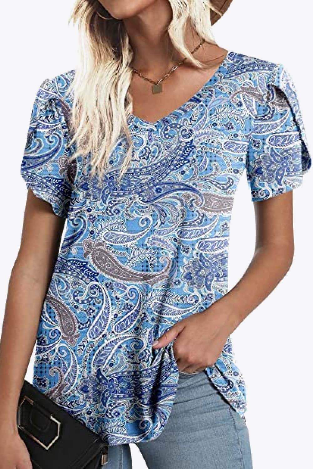 Honeybee Mumford's Printed Petal Sleeve V-Neck Blouse