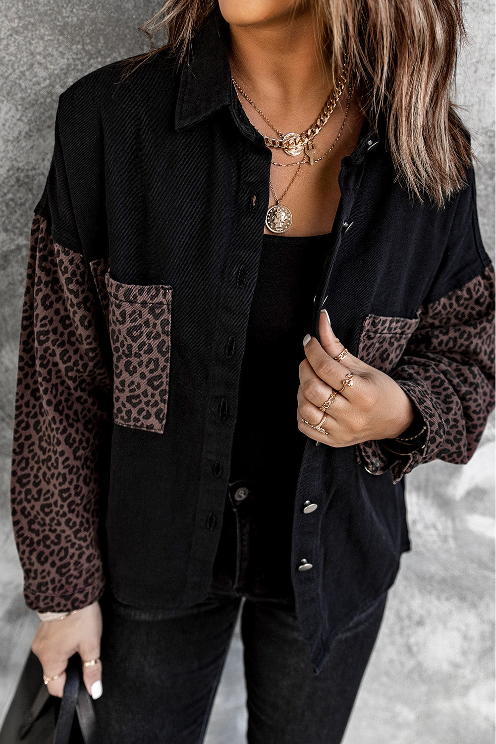 Honeybee Mumford's Black Contrast Leopard Denim Jacket