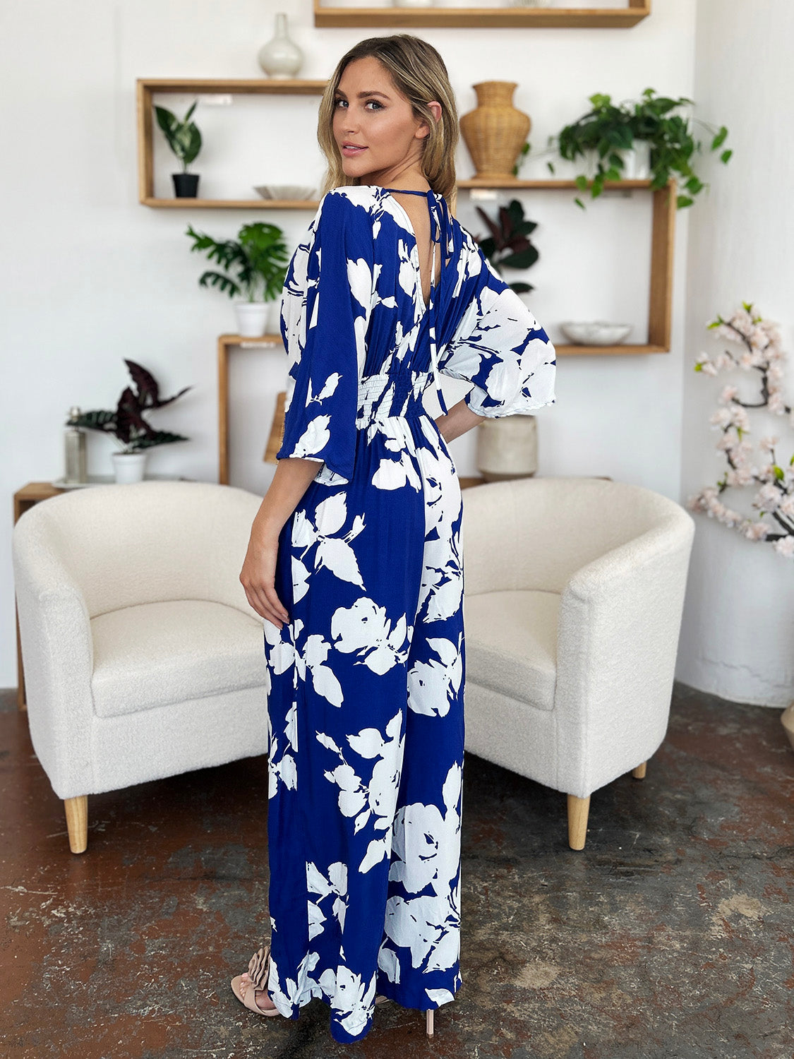 Honeybee Mumford's Full Size Printed Tie Back Wide Leg Jumpsuit