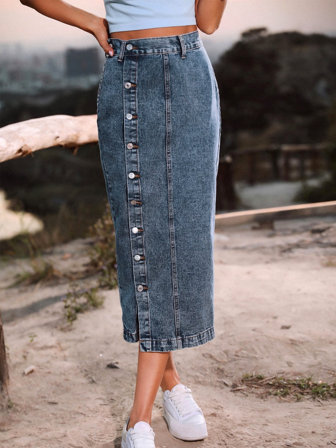 Honeybee Mumford's Button-Down Denim Skirt in Sky Blue, Navy and more