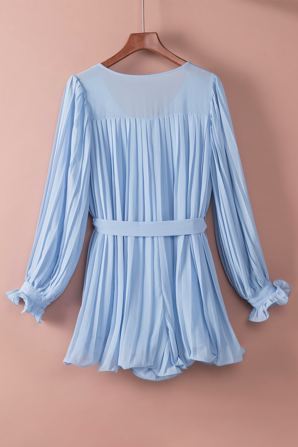 Honeybee Mumford's Sky Blue Pleated Ruffled Tie Waist Buttons V Neck Romper