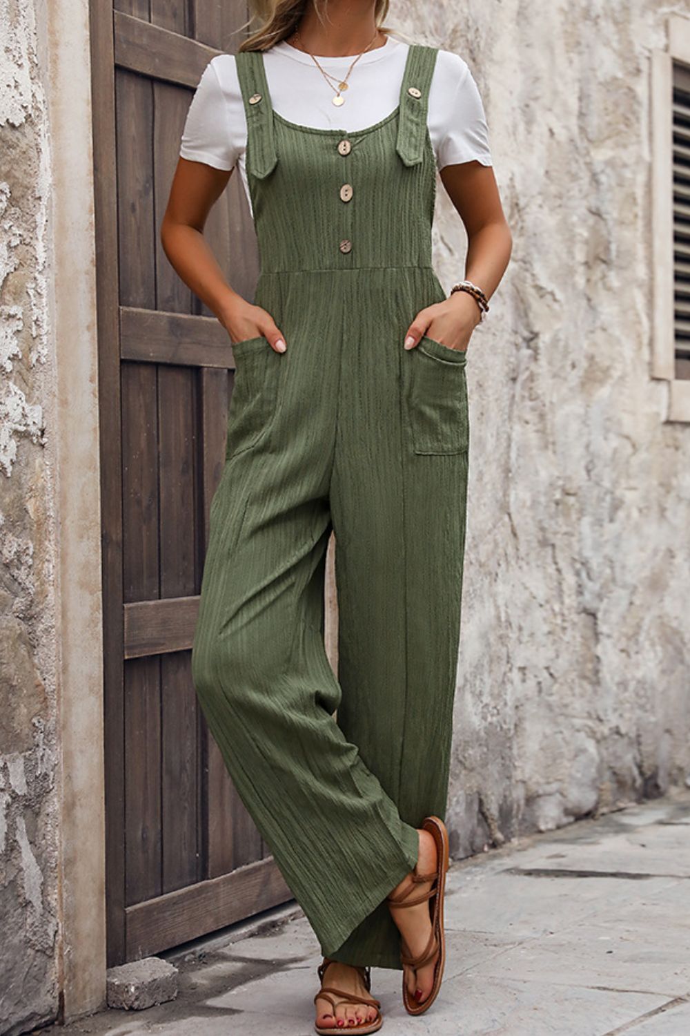 Honeybee Mumford's Textured Pocketed Wide Strap Overalls