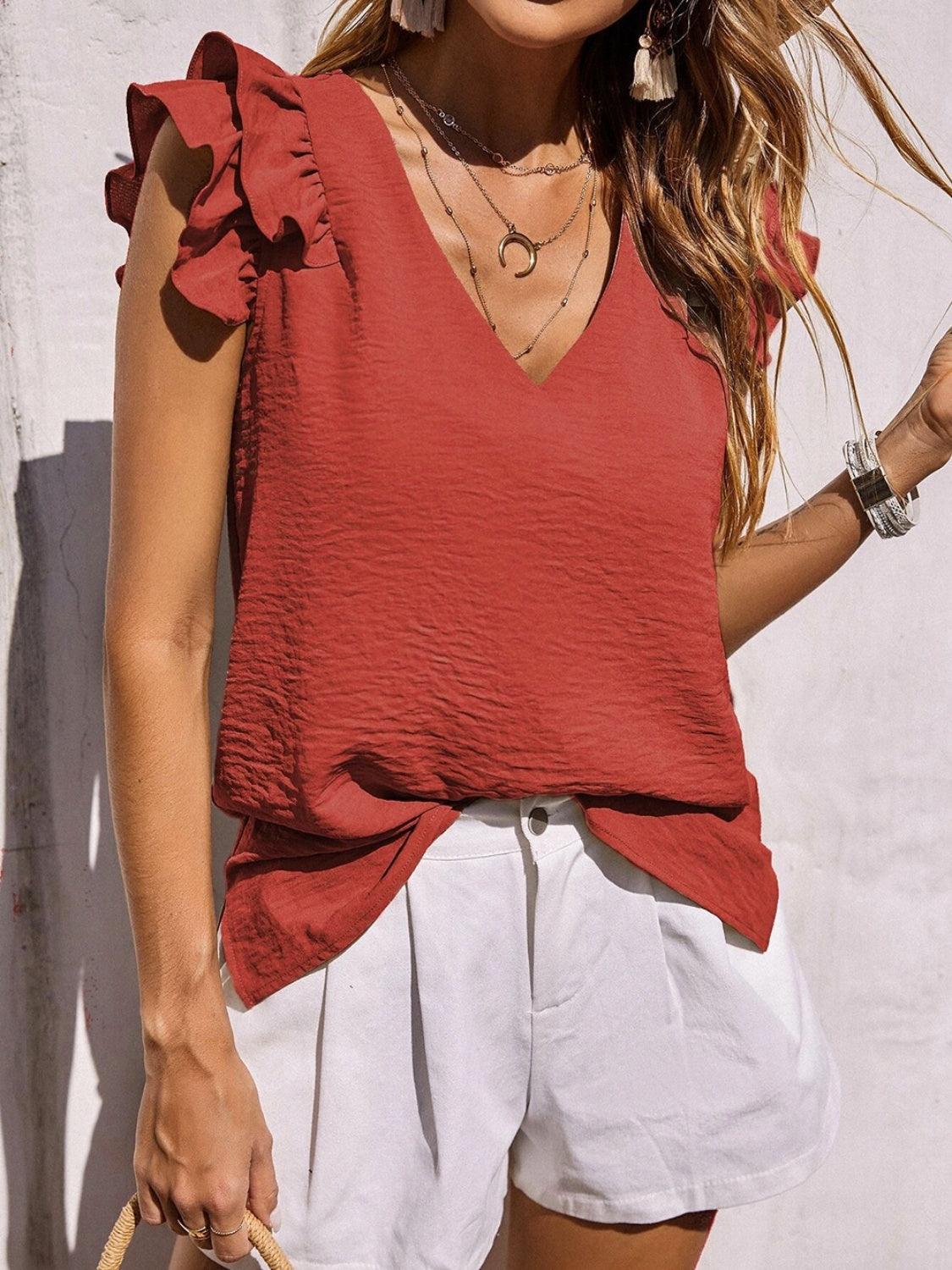 Honeybee Mumford's Ruffled V-Neck Cap Sleeve Blouse