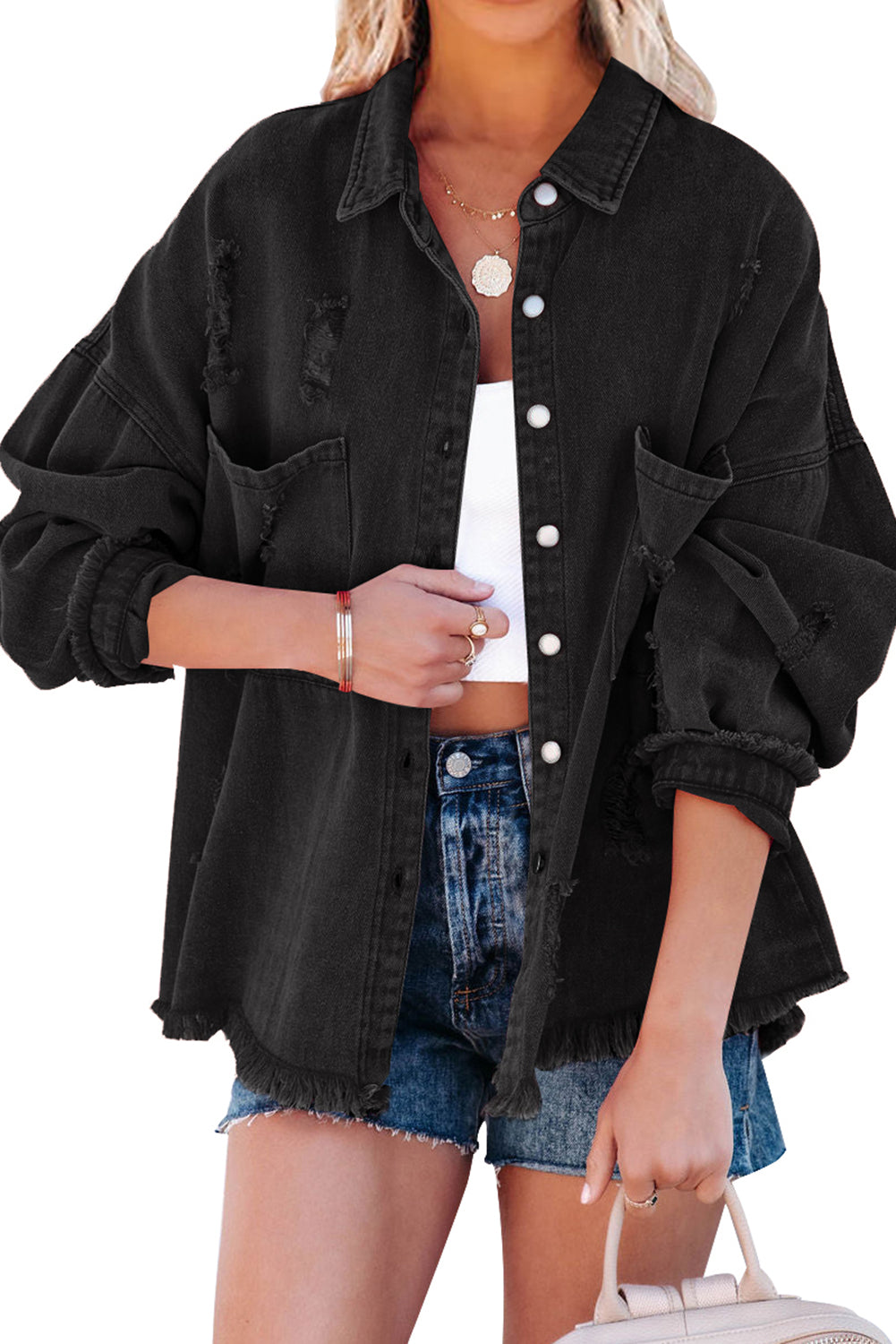 Honeybee Mumford's Black Distressed Fringe Trim Denim Jacket