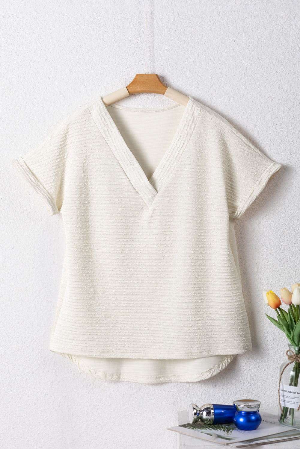 Honeybee Mumford's Pale Khaki Textured Wide Sleeve V Neck T Shirt