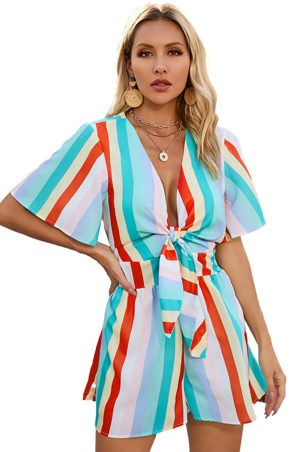 Honeybee Mumford's Multicolor Stripe Print Tie V Neck Flowy Romper