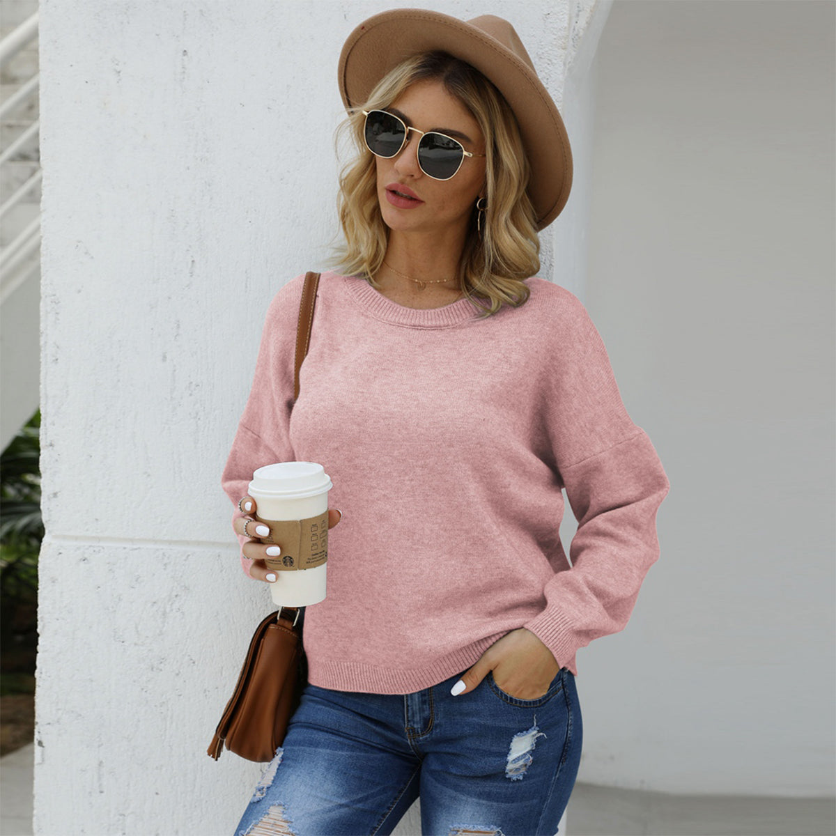 Honeybee Mumford's Round Neck Long Sleeve Drop Shoulder Sweater