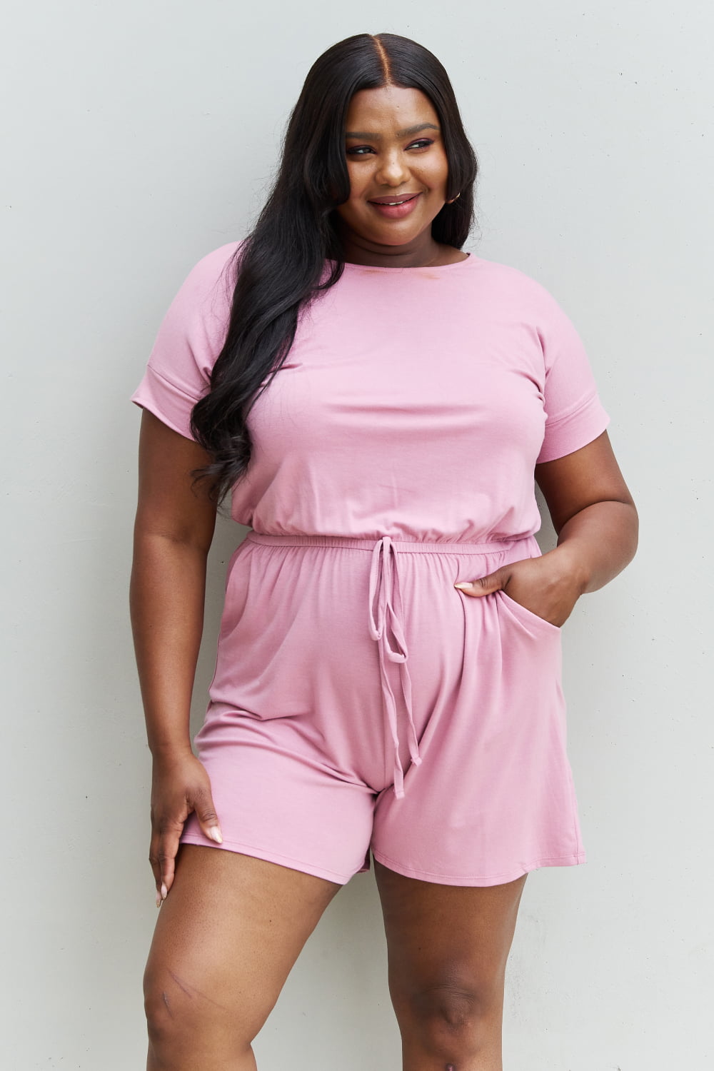 Honeybee Mumford's Chilled Out Full Size Short Sleeve Romper in Light Carnation Pink