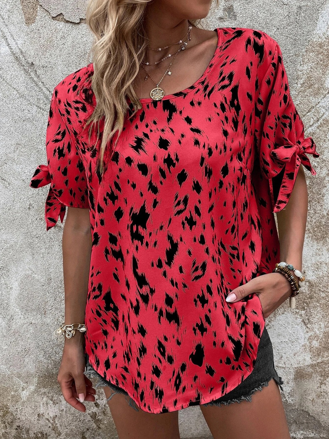 Honeybee Mumford's Tied Printed Boat Neck Blouse