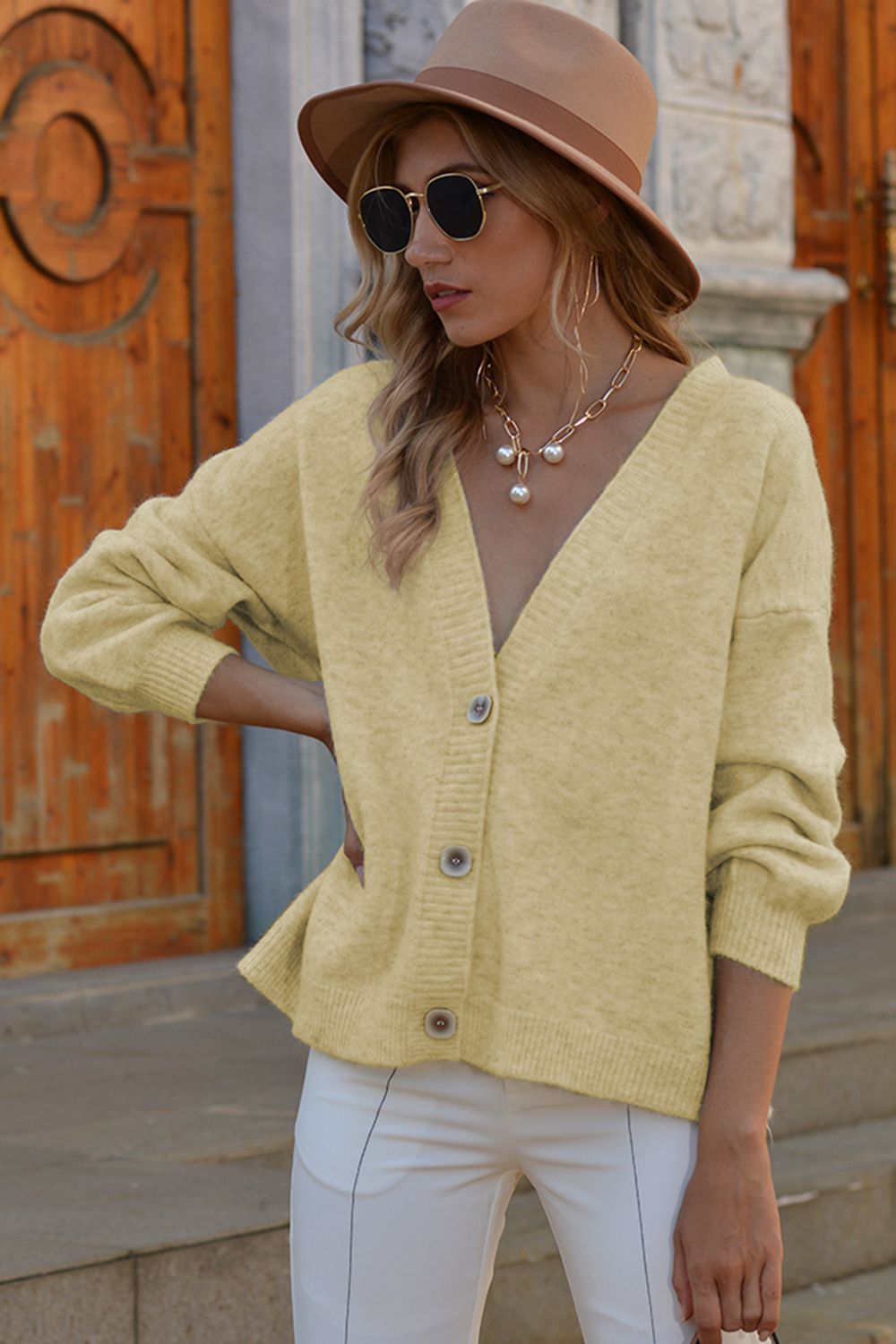 Honeybee Mumford's V-Neck Button-Down Dropped Shoulder Cardigan