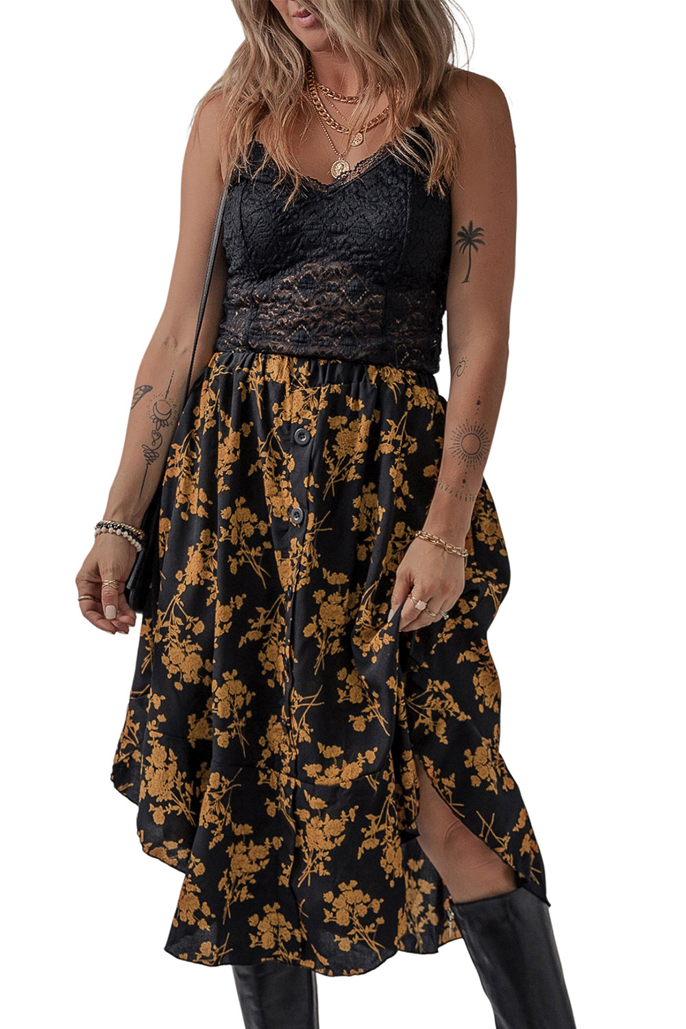 Honeybee Mumford's Black Printed Elastic Waist Button Decor Floral Ruffle Skirt