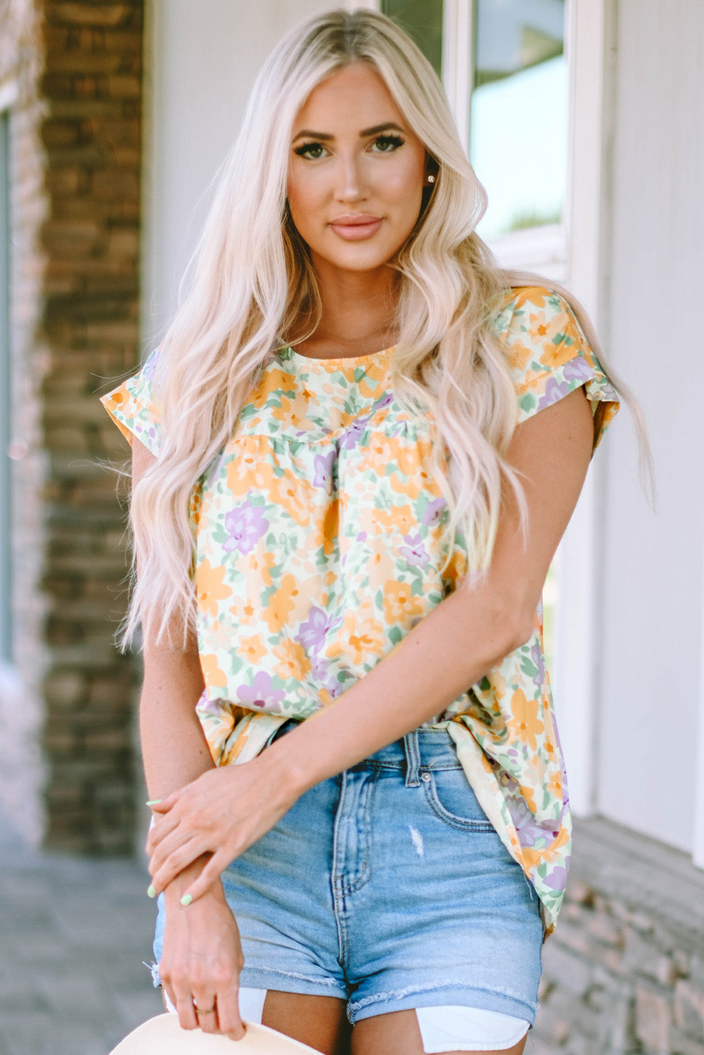 Honeybee Mumford's Printed Round Neck Cap Sleeve Blouse