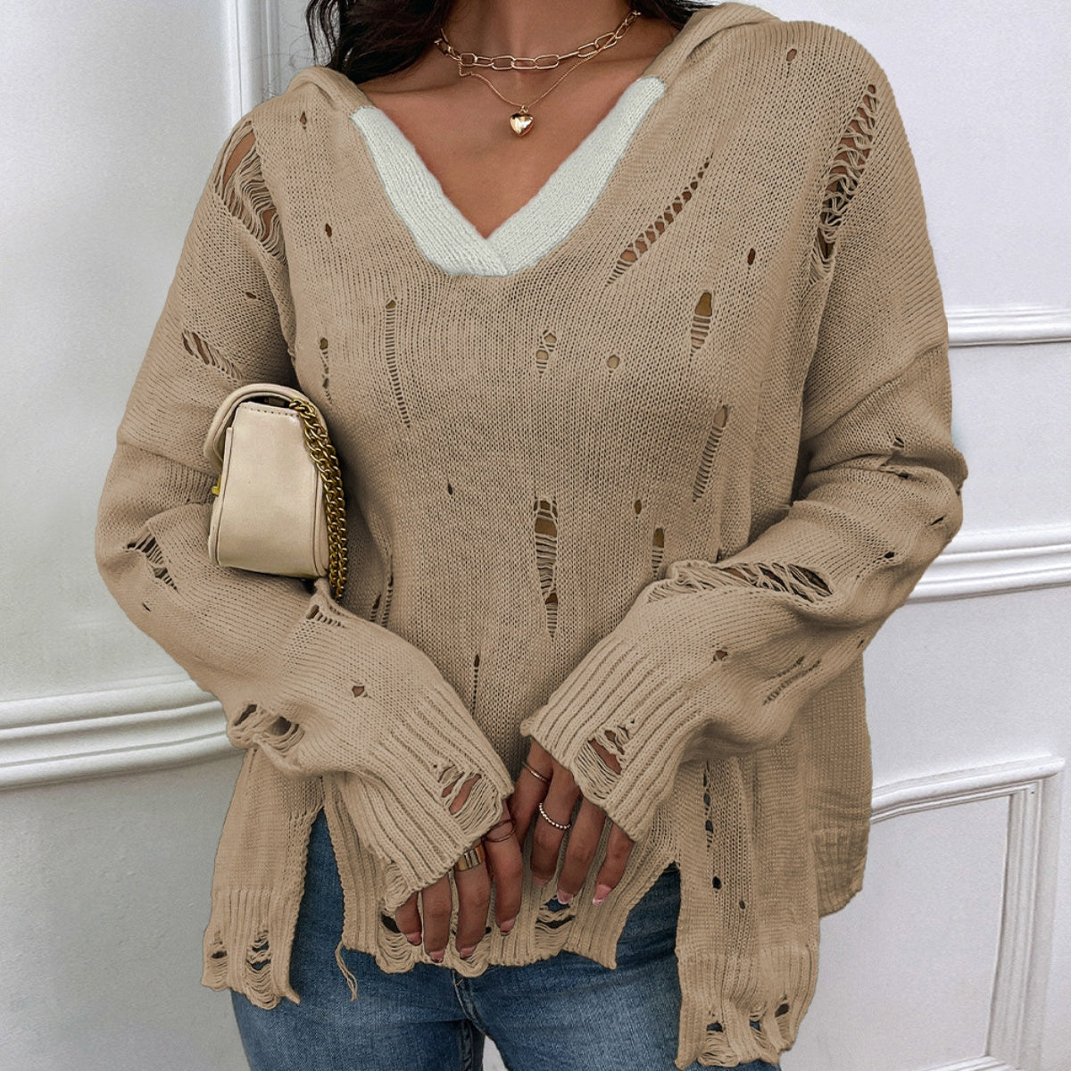 Honeybee Mumford's Distressed Slit Drop Shoulder Hooded Sweater