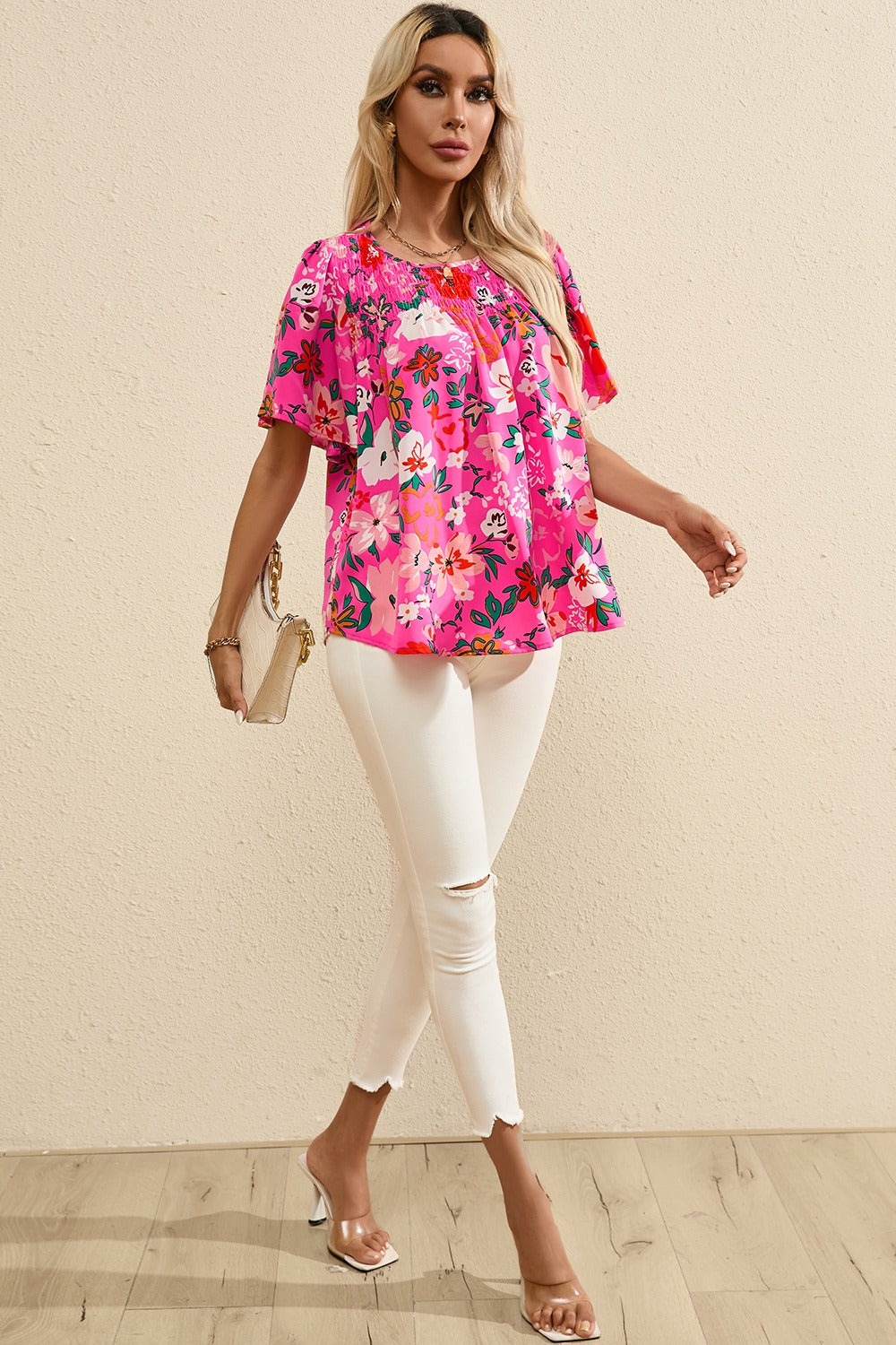 Honeybee Mumford's Smocked Printed Round Neck Half Sleeve Blouse