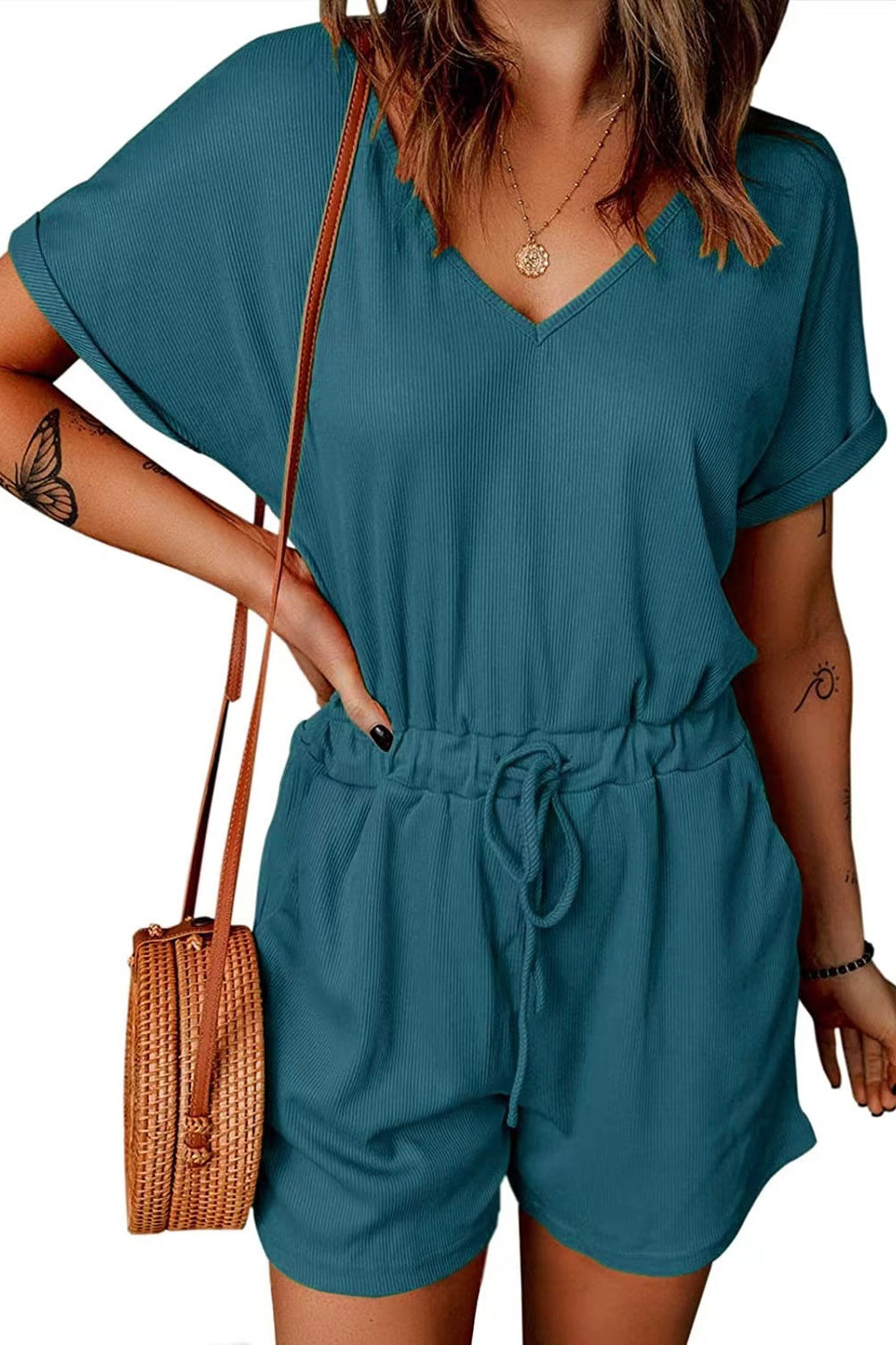 Honeybee Mumford's Full Size Drawstring V-Neck Short Sleeve Romper