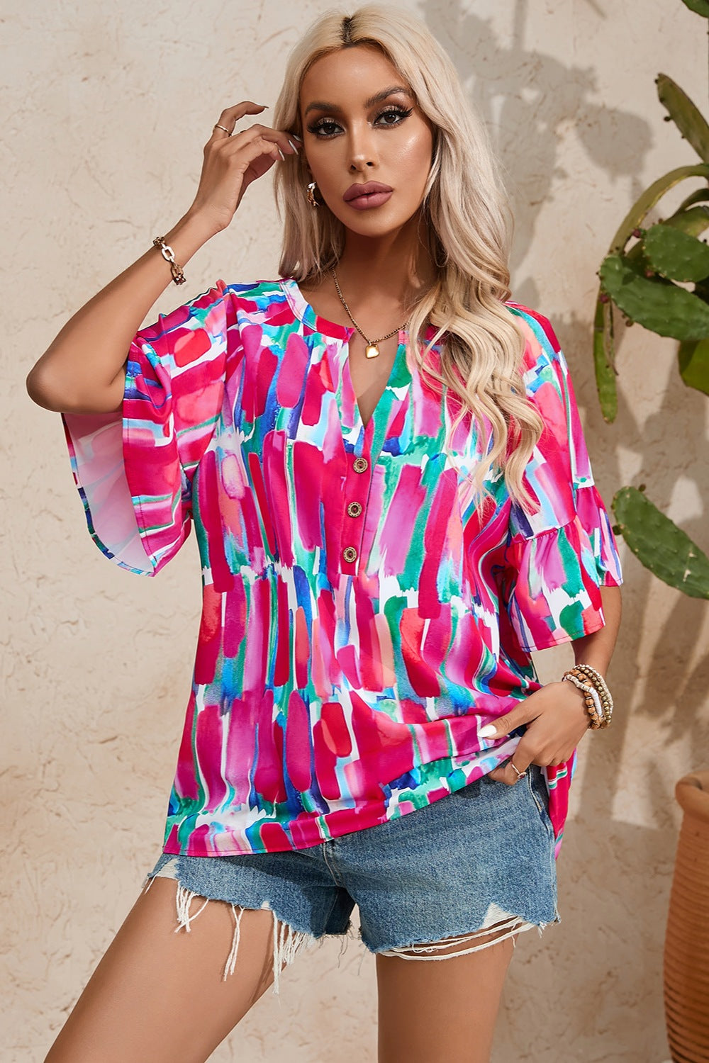 Honeybee Mumford's Printed Notched Half Sleeve Blouse